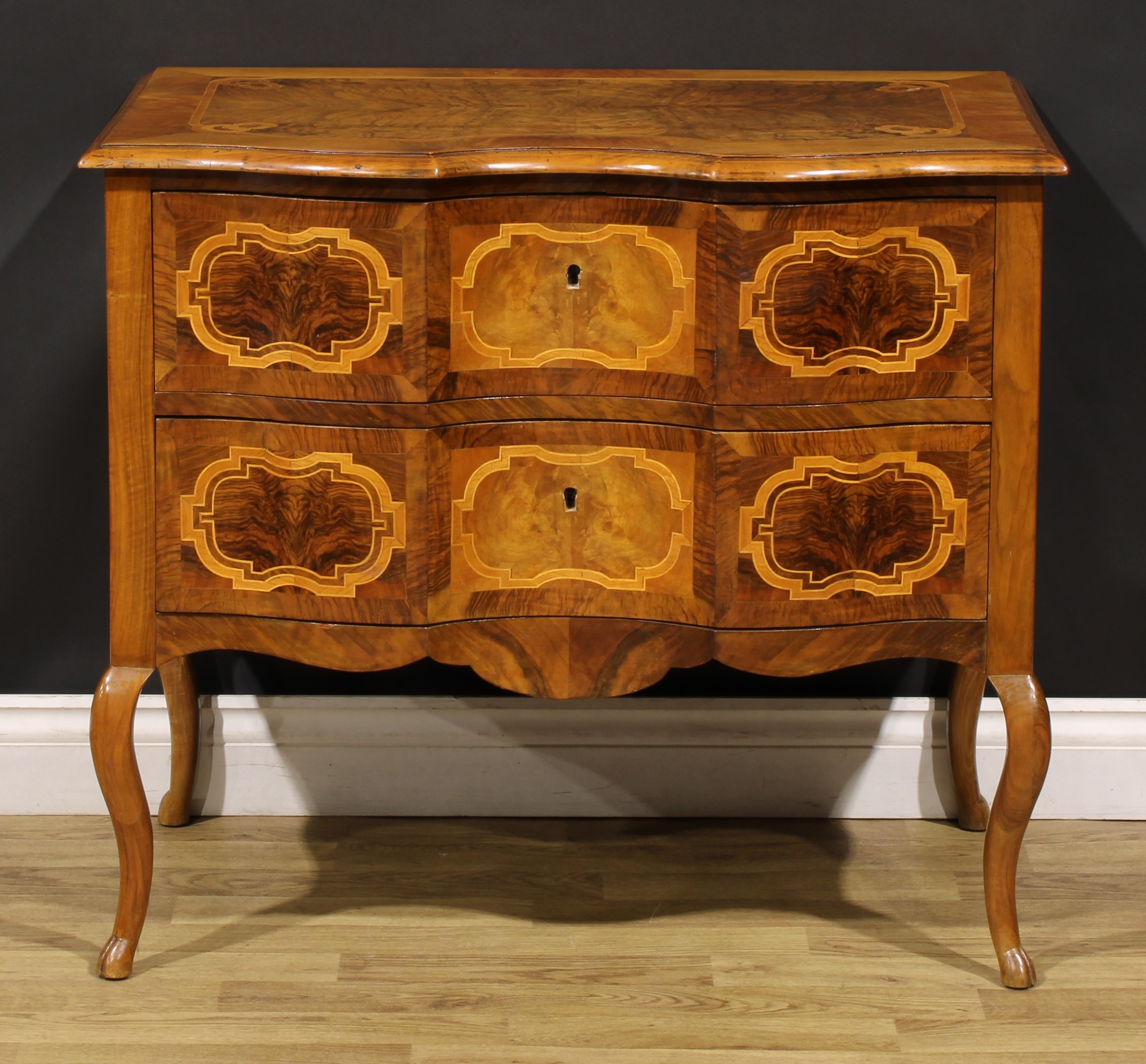 An 18th century style Italian walnut serpentine commode, oversailing top above a pair of long - Image 2 of 6