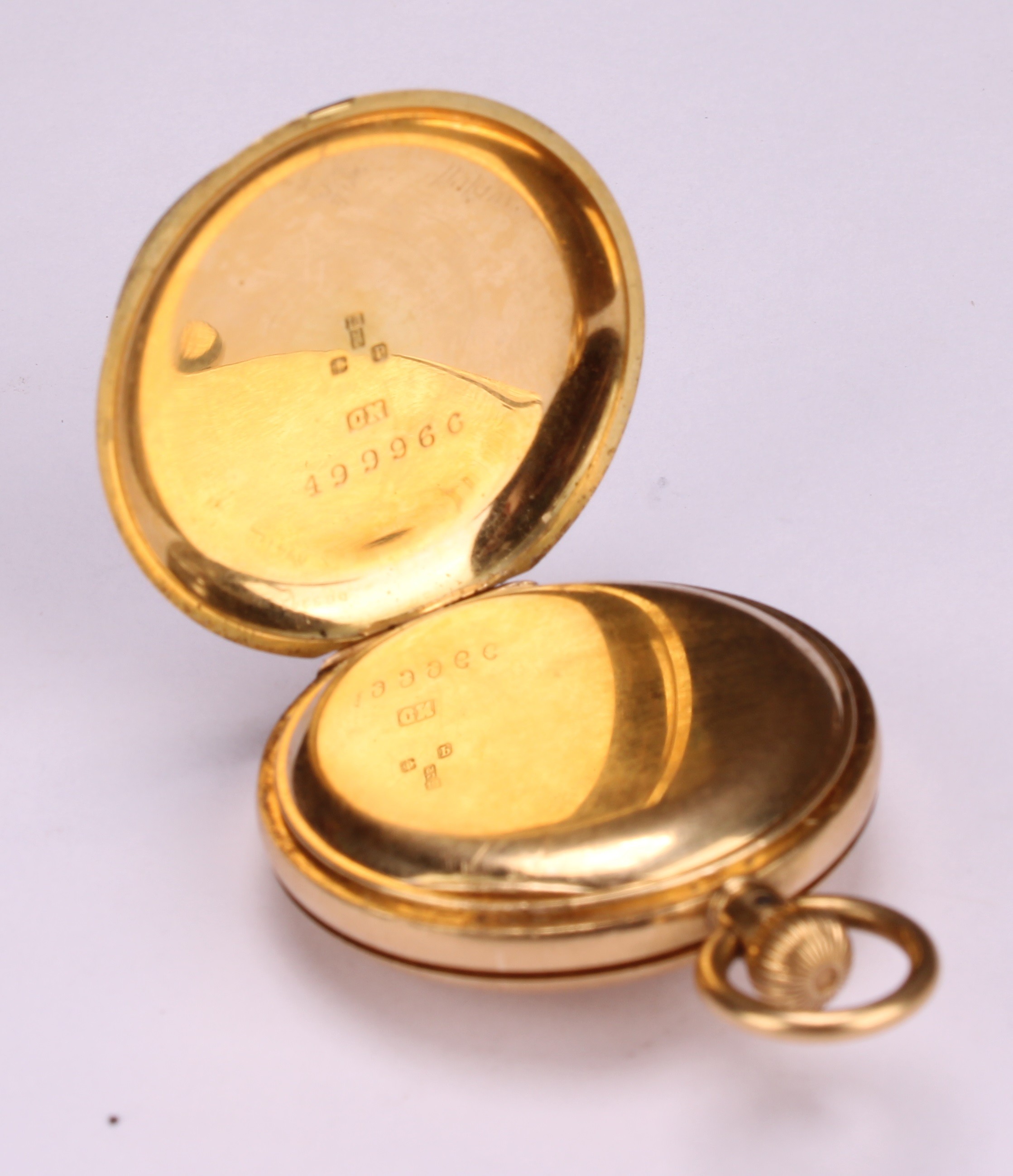 A lady's 18ct gold half hunter pocket watch, white enamel dial, Roman numerals, subsidiary seconds - Image 6 of 7