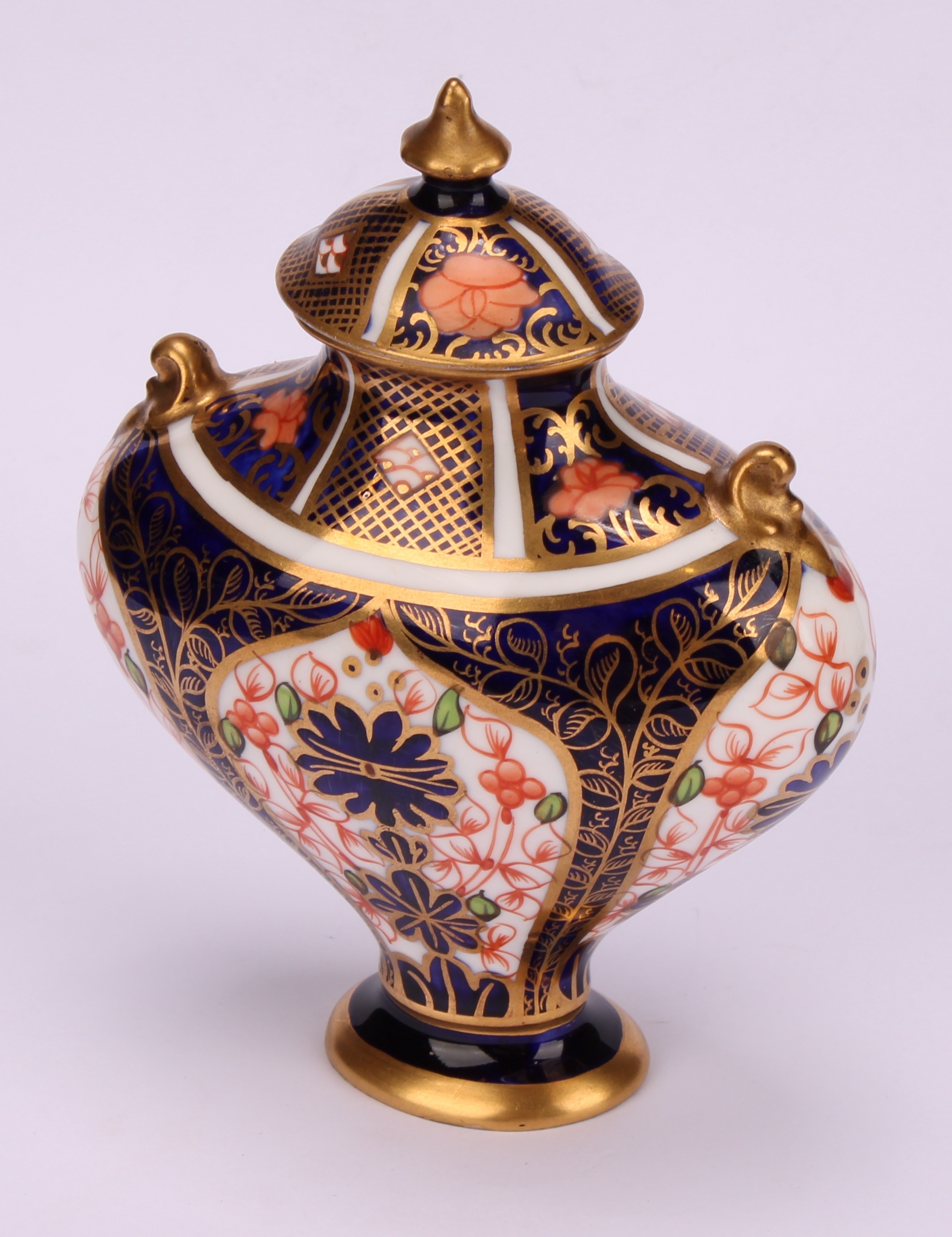 An associated pair of Royal Crown Derby 1128 Imari pattern flattened ovoid pedestal vases, oval - Image 6 of 12