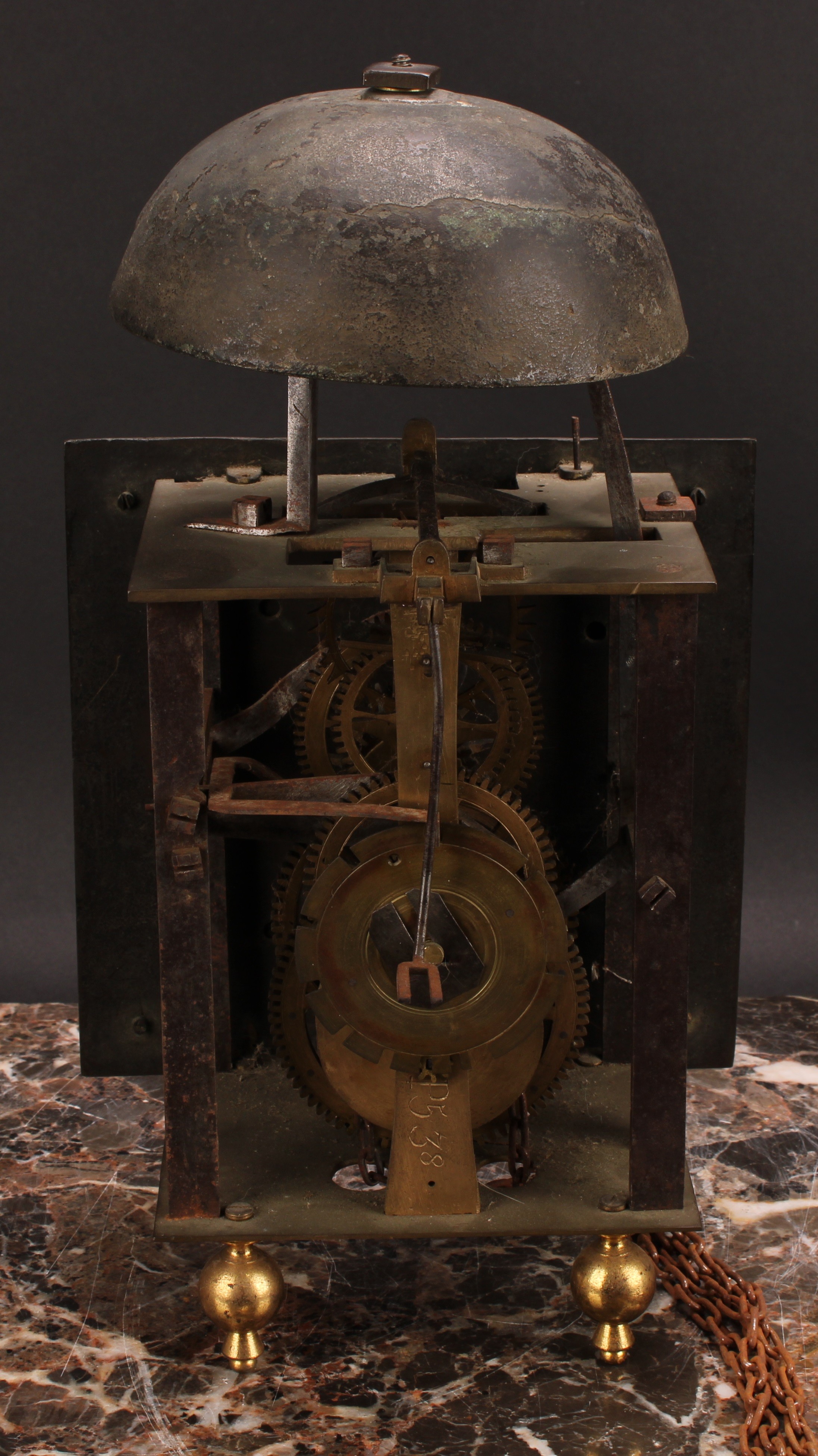 An 18th century brass and iron posted frame clock, of transitional lantern-to-longcase form, 18. - Image 3 of 4