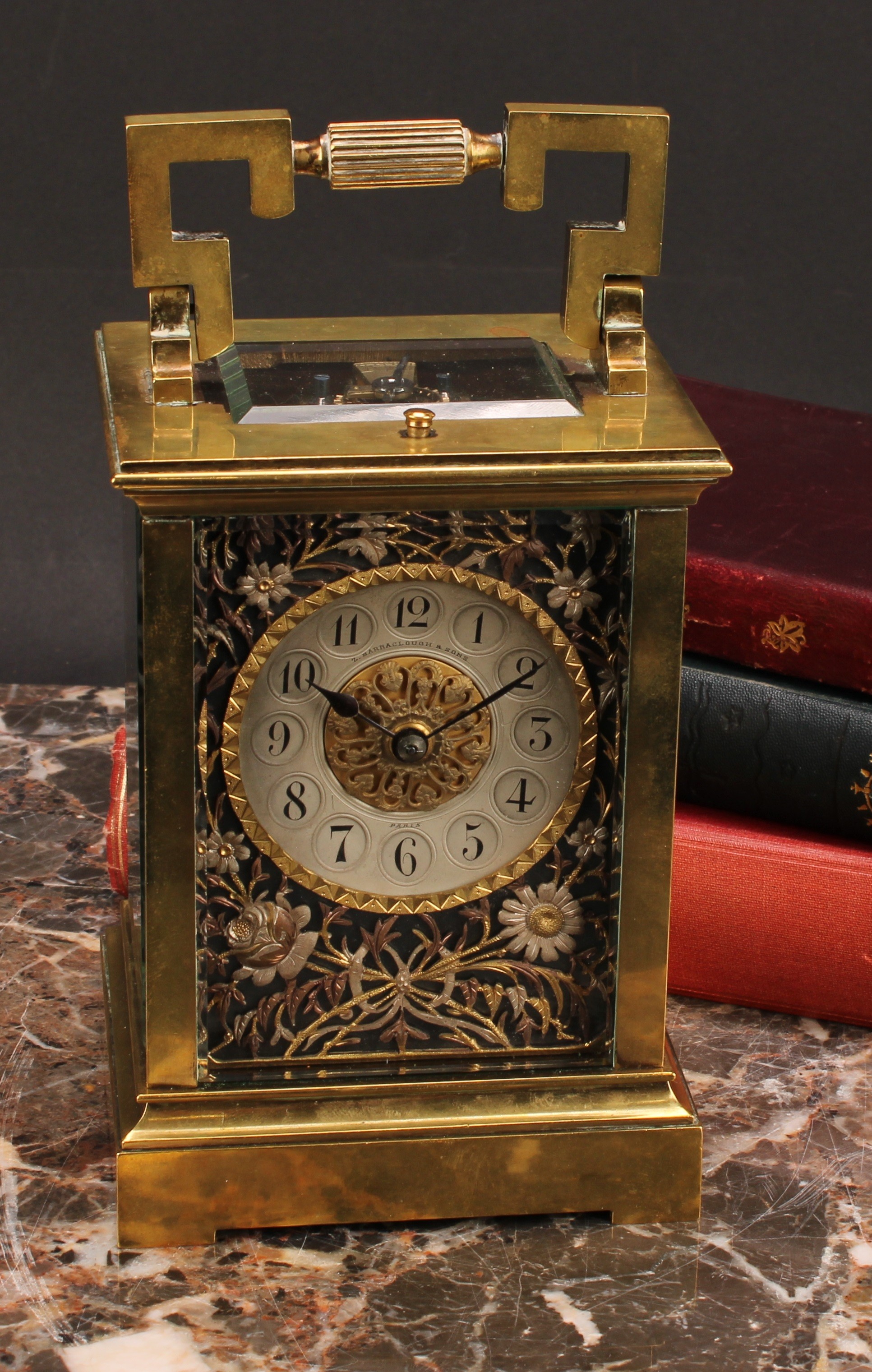 A large 19th century lacquered brass repeater carriage clock, 7cm silvered and bi-colour gilt dial