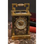 A large 19th century lacquered brass repeater carriage clock, 7cm silvered and bi-colour gilt dial