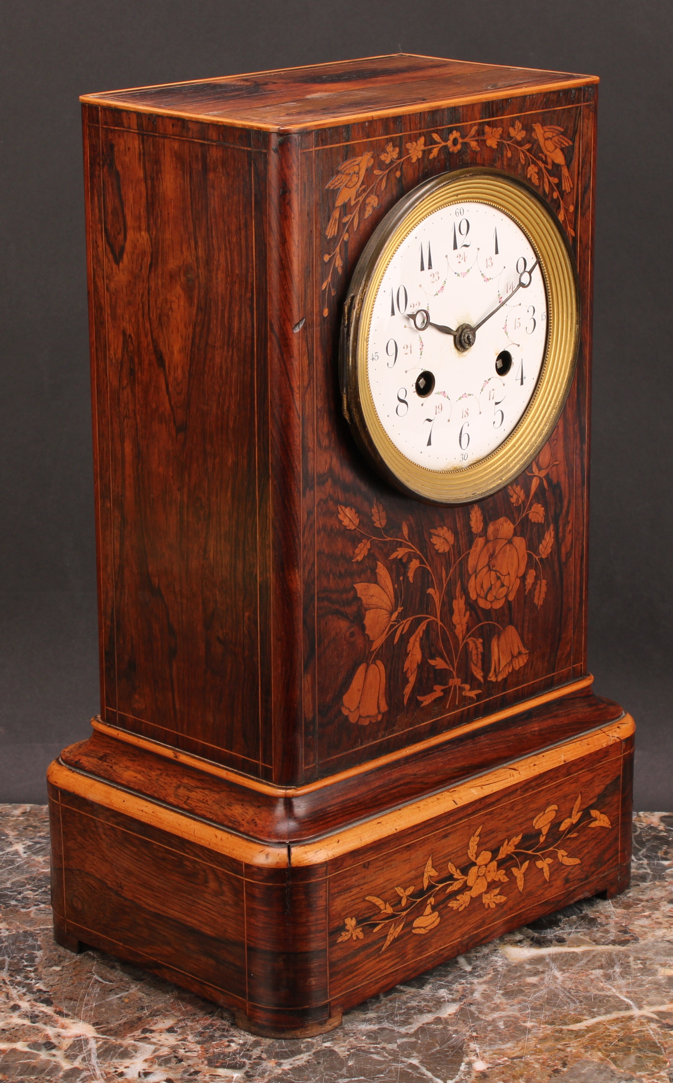 A 19th century French rosewood and marquetry mantel clock garniture, 10cm enamel dial inscribed with - Image 3 of 5