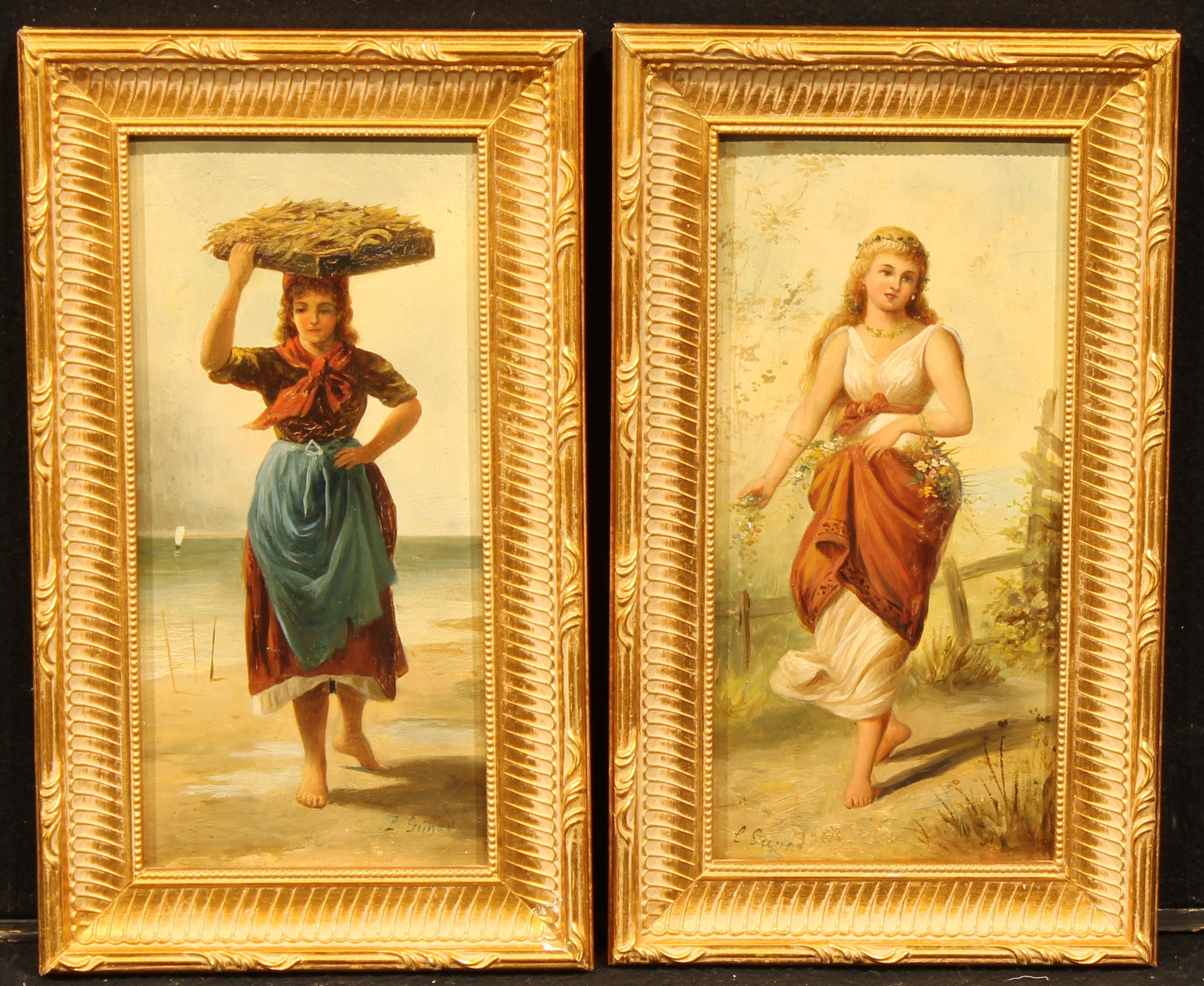 L Giraud (Late 19th century) A Pair, The Seasons signed, oil on panels, 28cm x 13cm