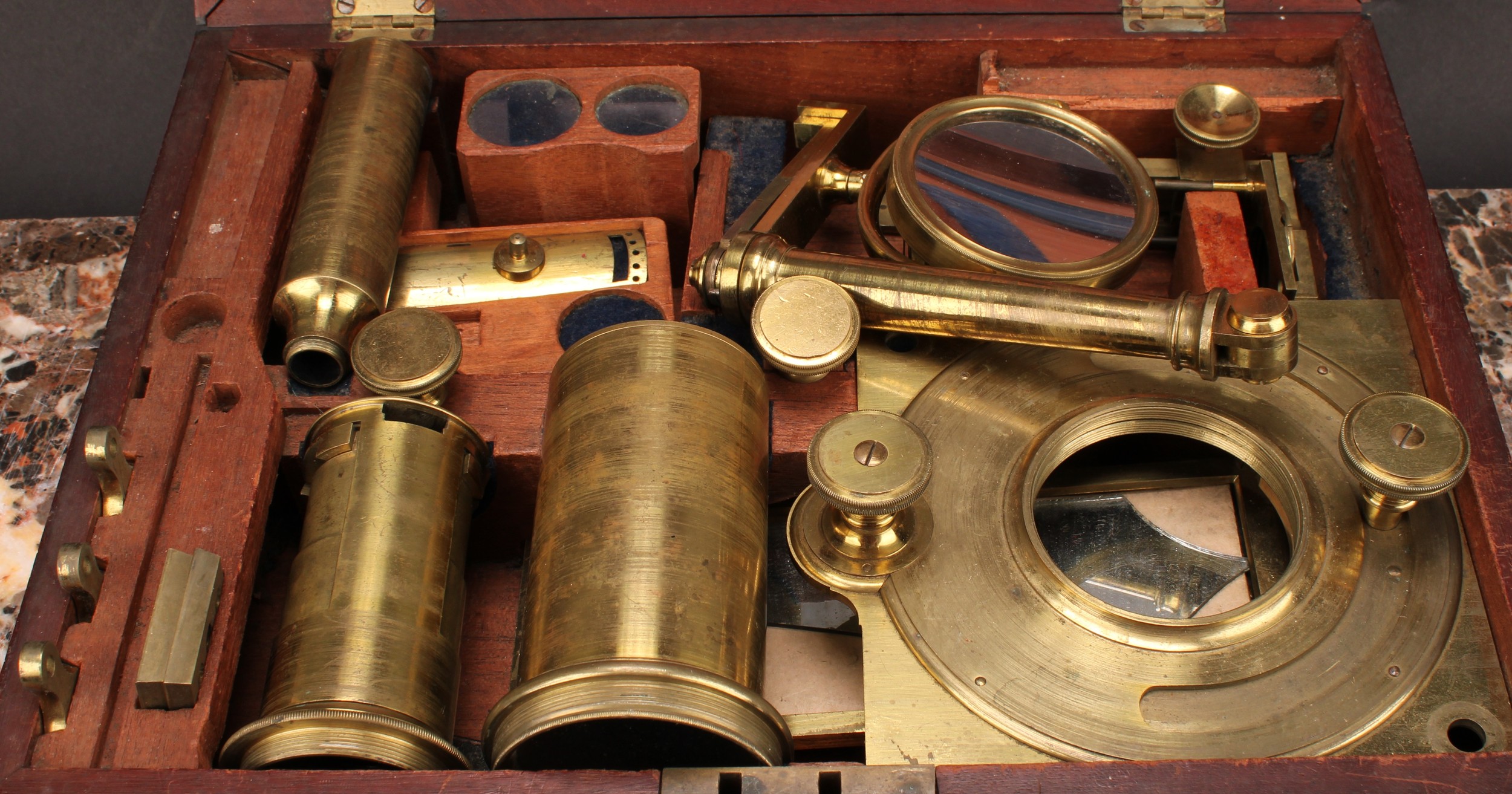 A George III lacquered brass solar microscope, two-part tube, rack and pinion focusing, long mirror, - Image 2 of 2