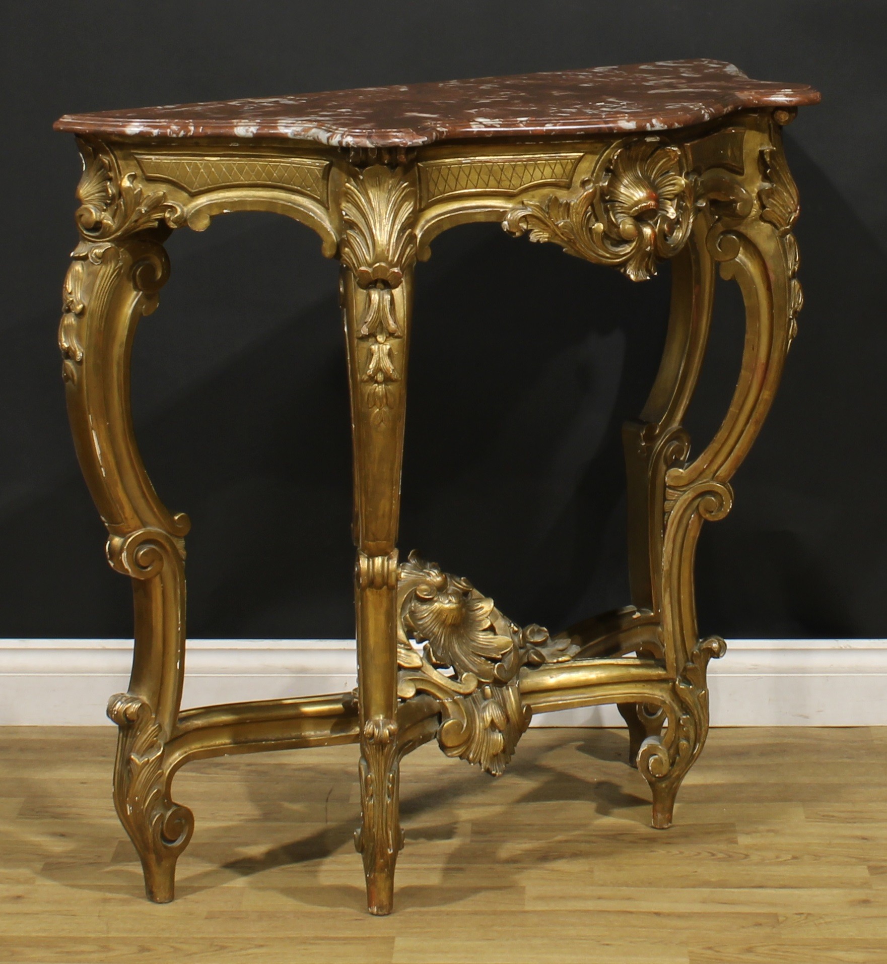 A Louis XV Revival giltwood pier table, in the Rococo taste, serpentine marble top, 93cm high, 104. - Image 3 of 5