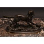 French School (19th century), a brown patinated bronze, of a retriever dog, oval base, 18cm long