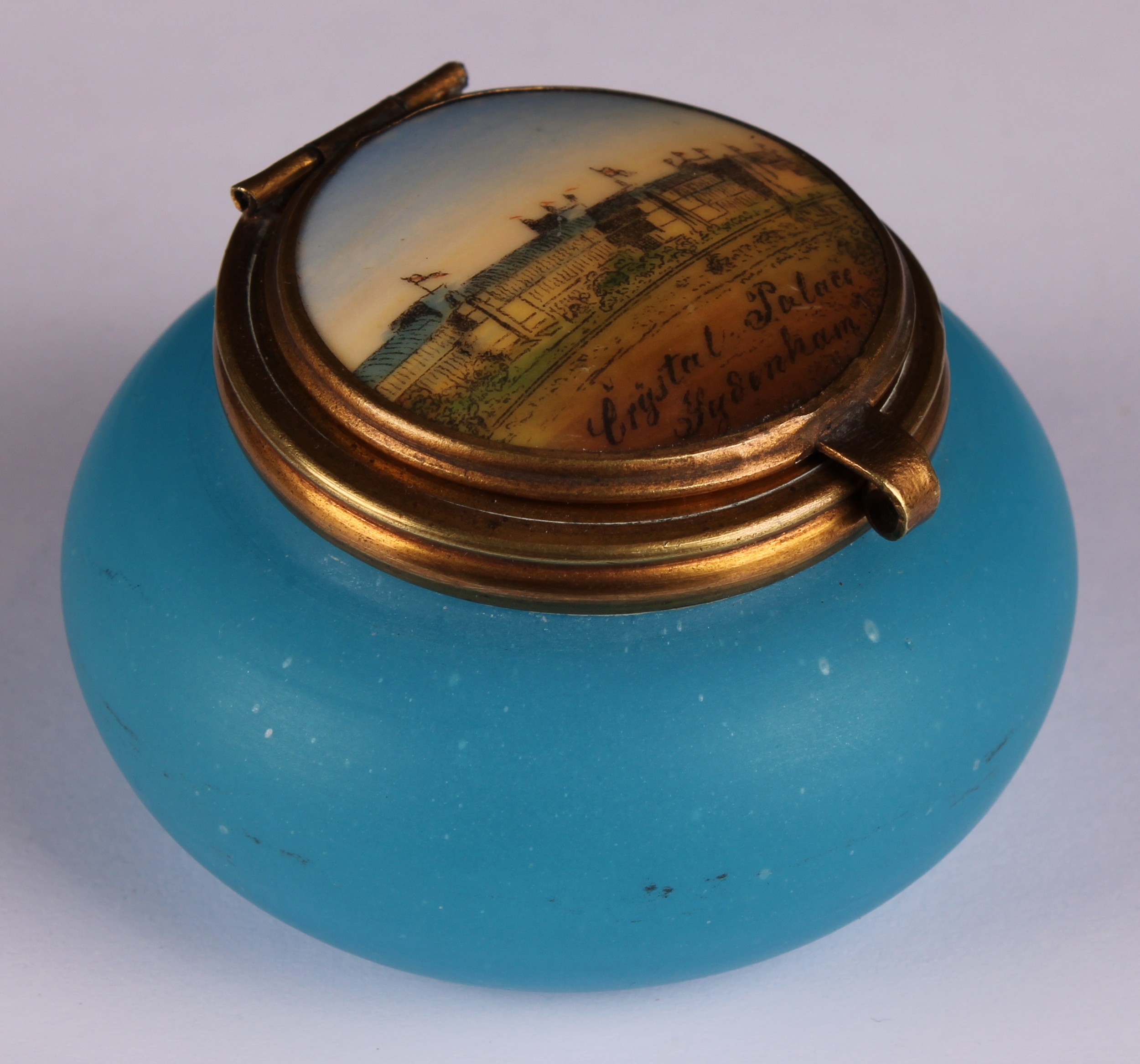 The Great Exhibition - a Palais Royal type blue glass circular box, the hinged cover decorated i - Image 3 of 5
