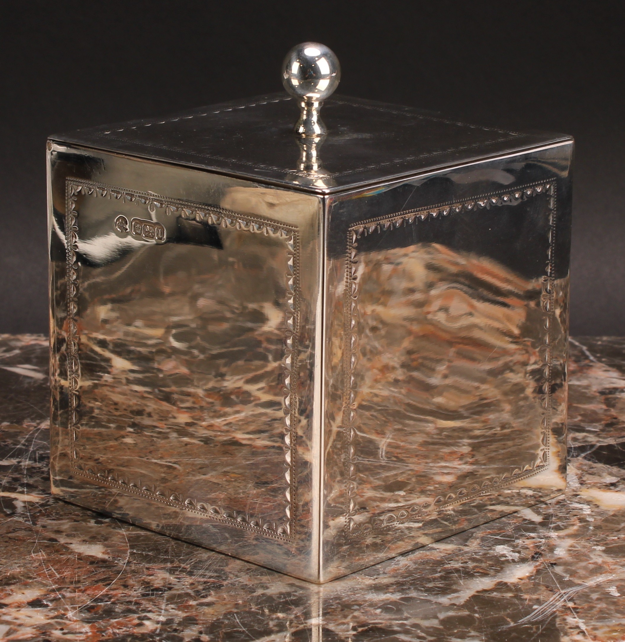 An Edwardian silver cube tea caddy, of George III design, bright-cut engraved wrigglework borders, - Image 2 of 4