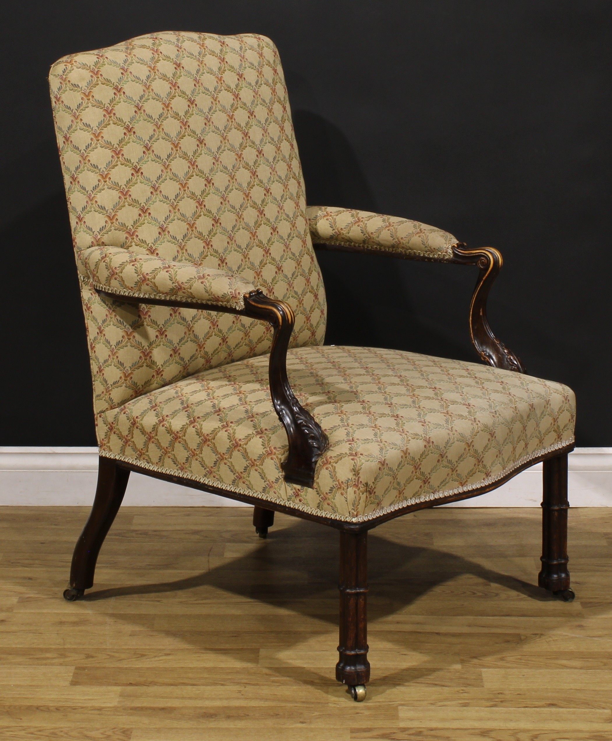 A 19th century French Hepplewhite Revival elbow chair, stuffed-over upholstery, scroll hand rests, - Image 2 of 4