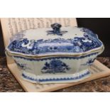 A Chinese Export porcelain canted shaped rectangular tureen and cover, painted in underglaze blue