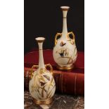 A pair of Royal Worcester two handled bottle vases, decorated in the Aesthetic manner with