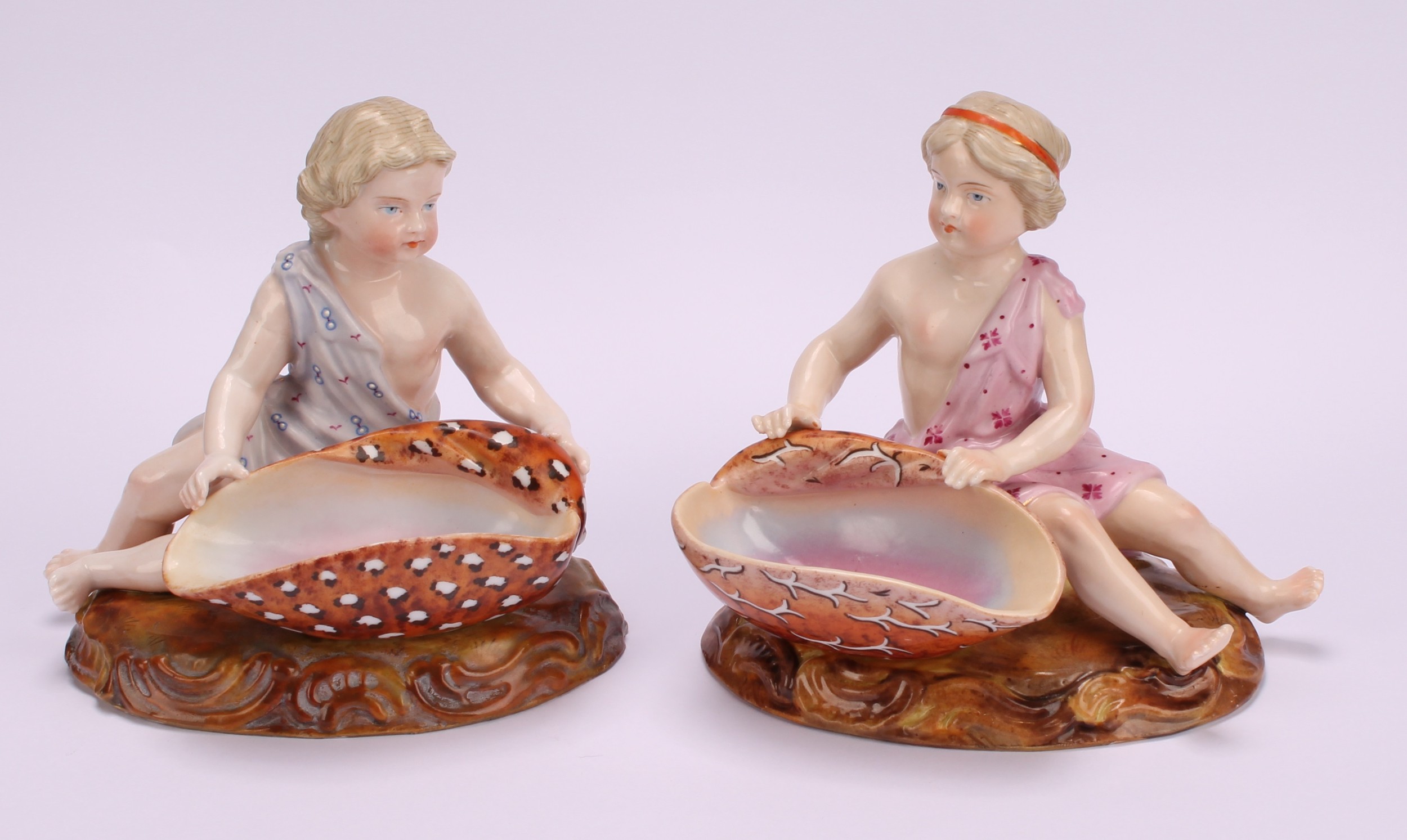 A pair of 19th century Sitzendorf figural table salts, of children holding seashells, decorated in - Image 2 of 10