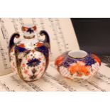 A Royal Crown Derby 876 Imari pattern krater-shaped ovoid vase, scroll handles, beaded collar,