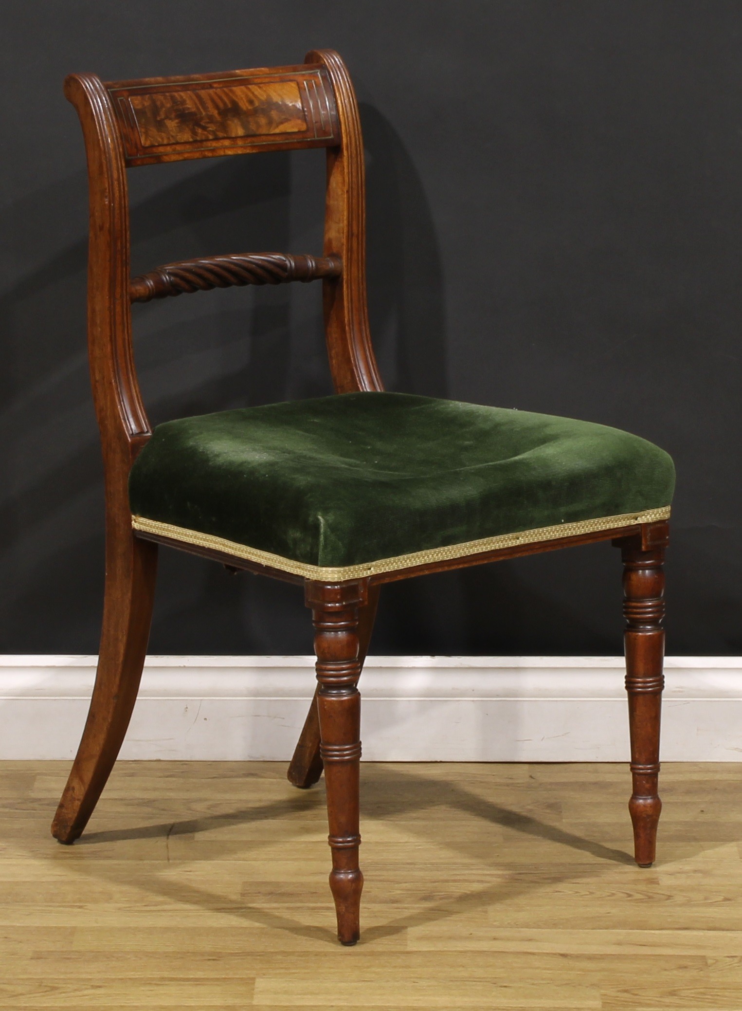 A set of seven Regency mahogany rope-twist bar-back dining chairs, curved cresting rail inlaid - Image 3 of 5
