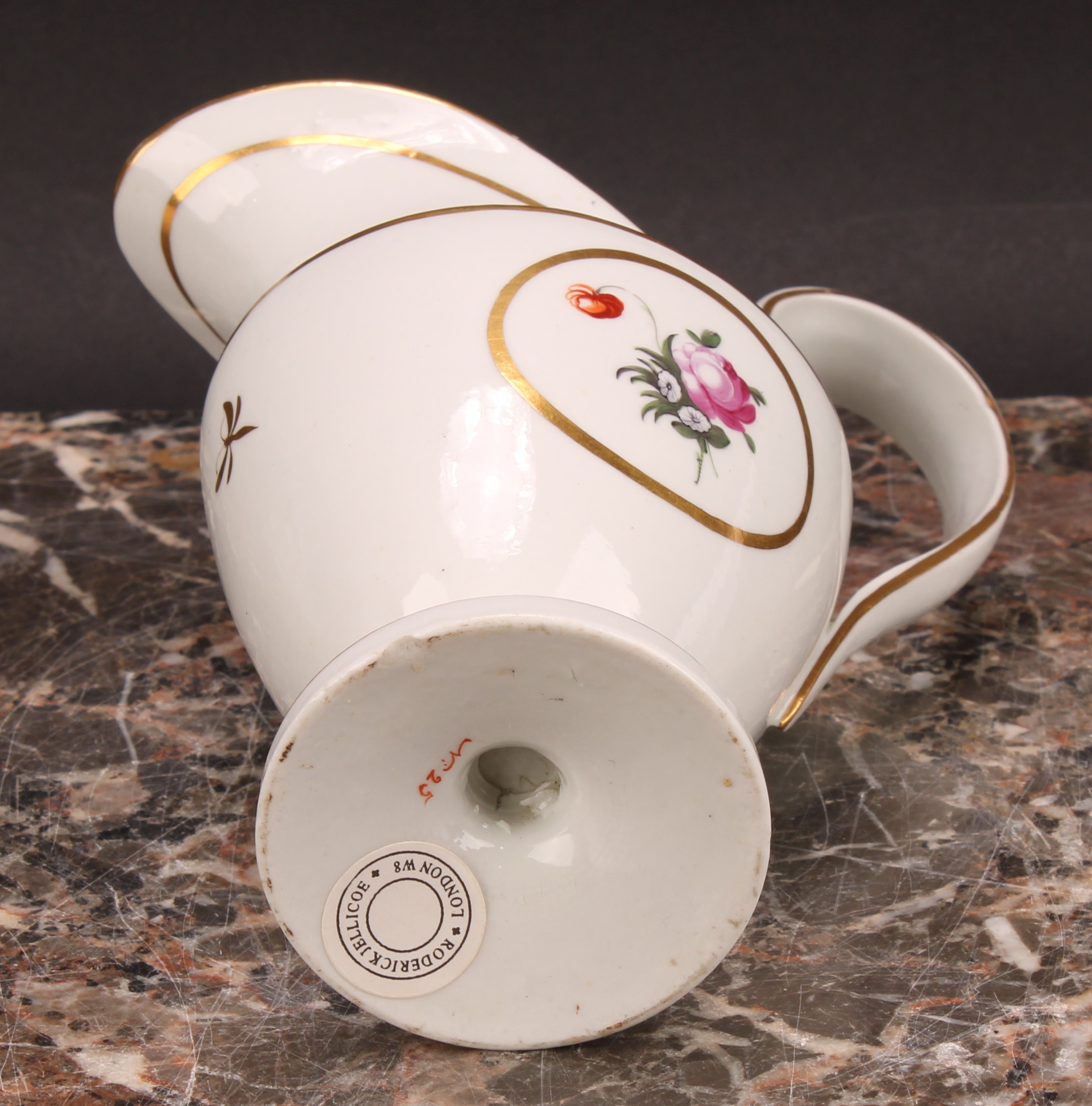A Thomas Wolfe Factory Z helmet shaped cream jug, painted with flowers within an oval gilt - Image 11 of 12