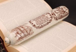 A Sunderland Masonic rolling pin, printed in sepia tones, I envy no one's birth or fame..., with