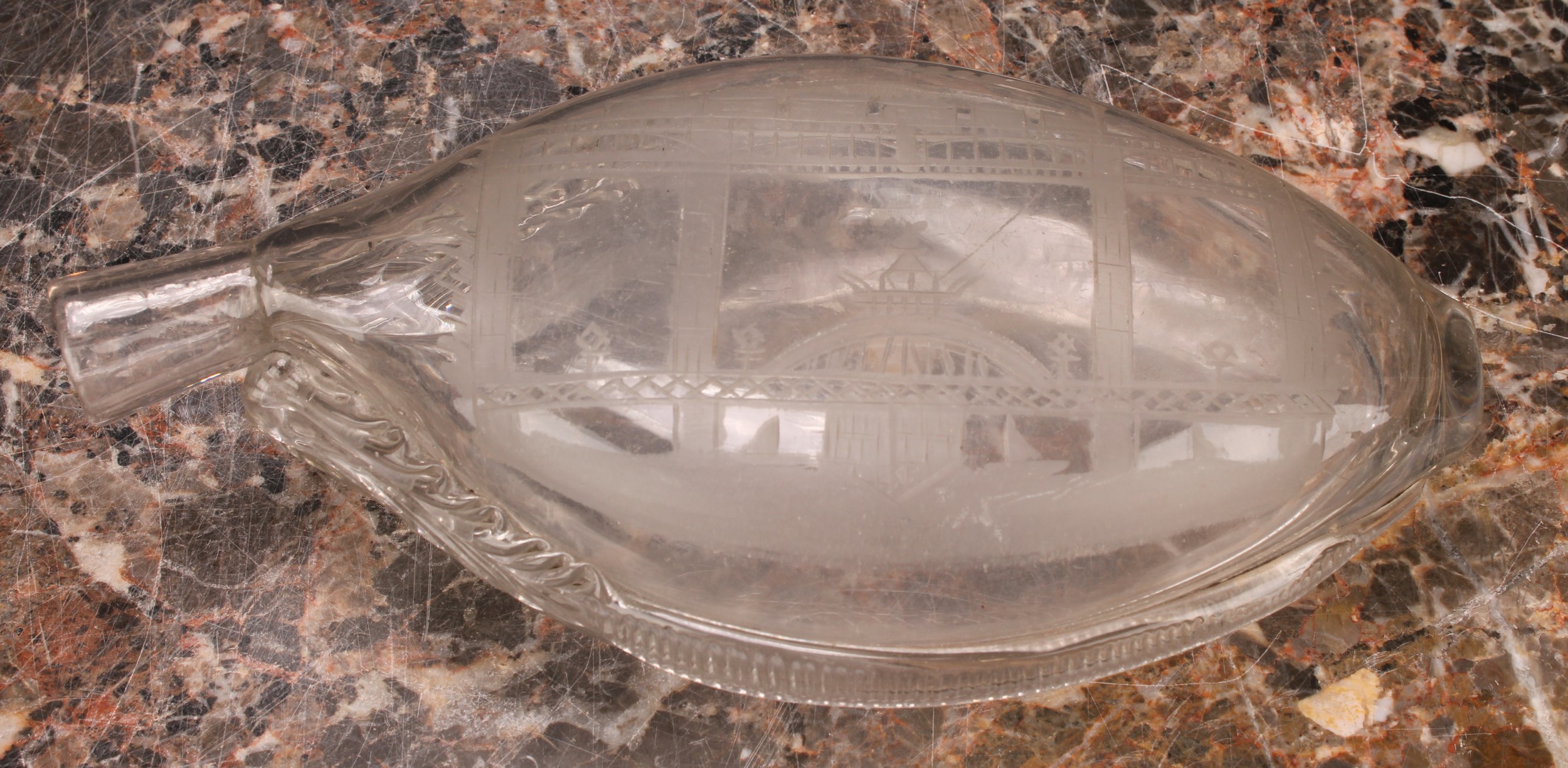 Railway Interest - steam locomotives, an early 19th century clear glass oval flask, hand engraved - Image 5 of 5