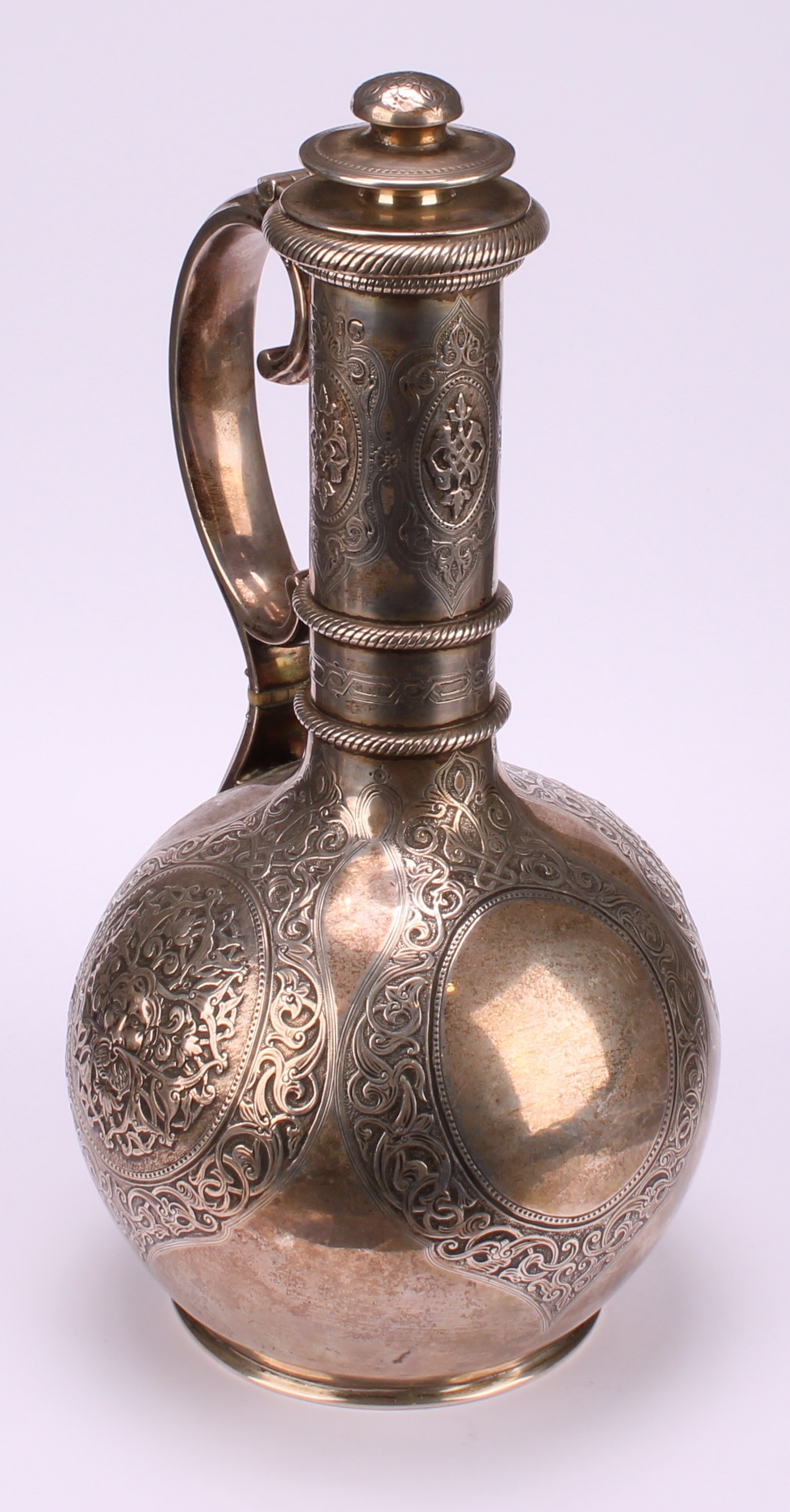 A Victorian silver globular wine ewer, chased with Green Man mask and mask of a classical lady, - Image 3 of 6