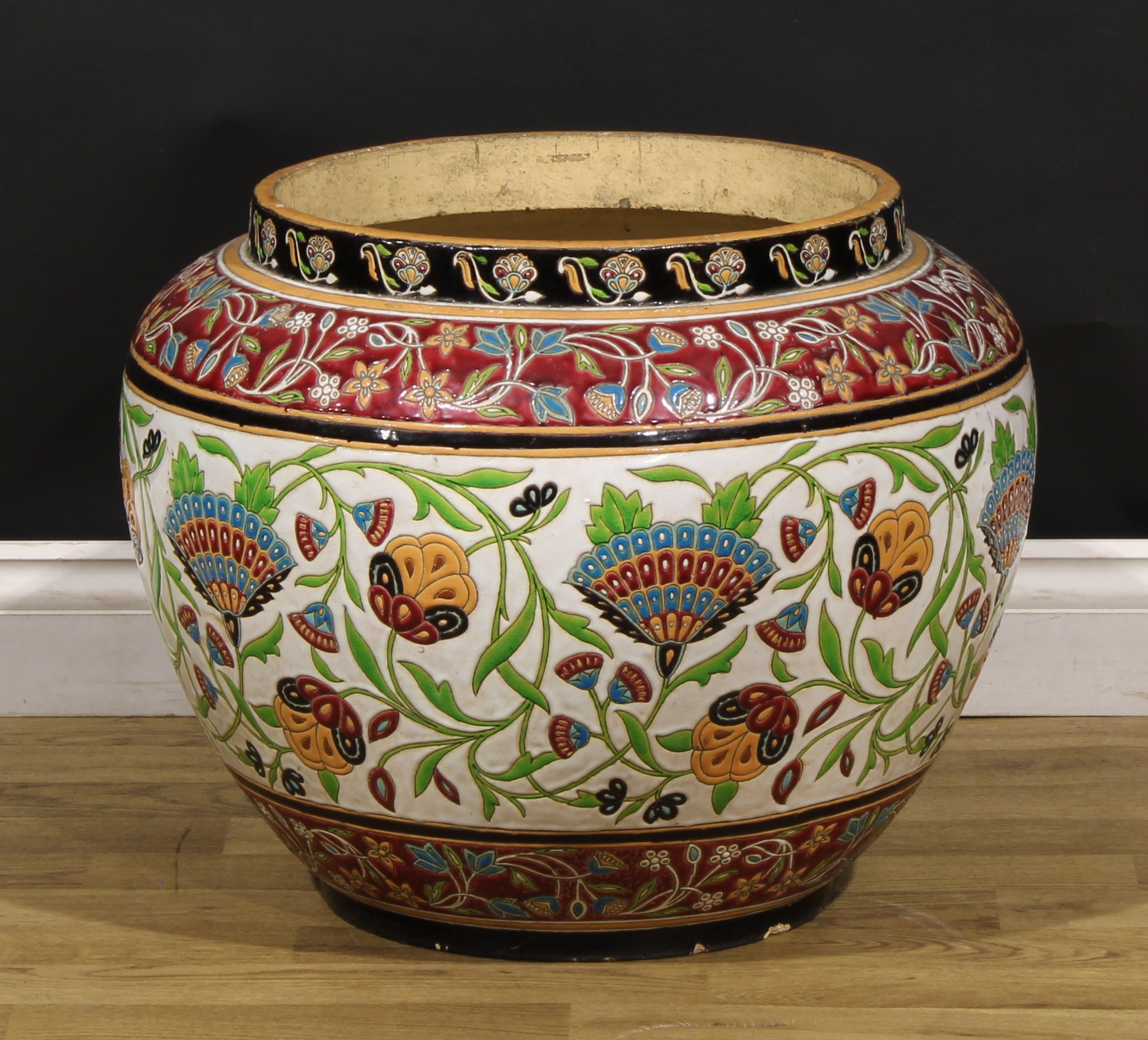 A large 19th century earthenware jardiniere, decorated in polychrome in the Iznik taste with Persian - Image 3 of 4