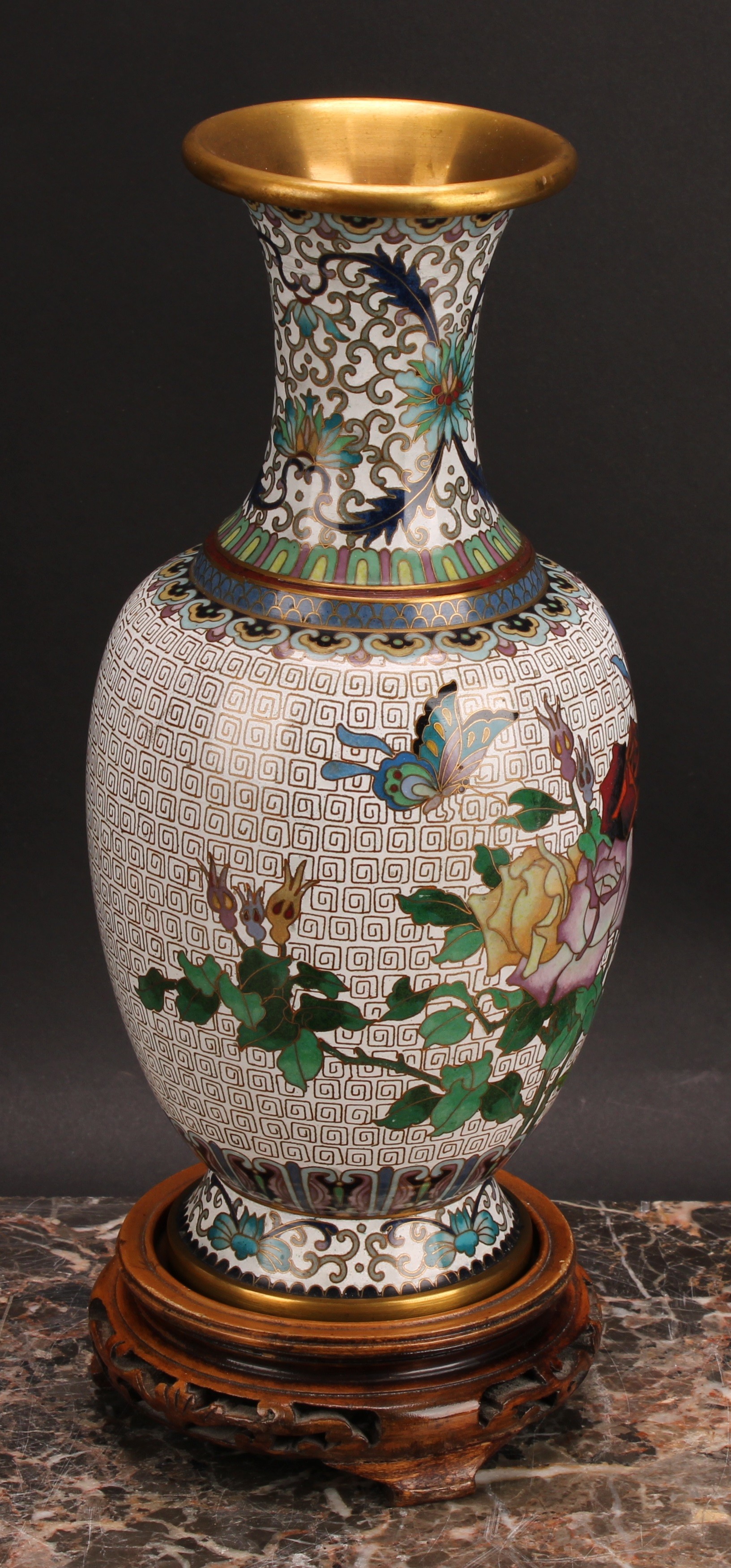 A pair of Japanese cloisonné enamel baluster vases, decorated with flowers and butterflies, hardwood - Image 3 of 7