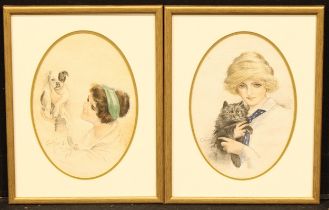 Dorothy Gmutz (Early 20th century) A Pair, Best Friends signed, dated 5/"14, oval watercolours, 25cm