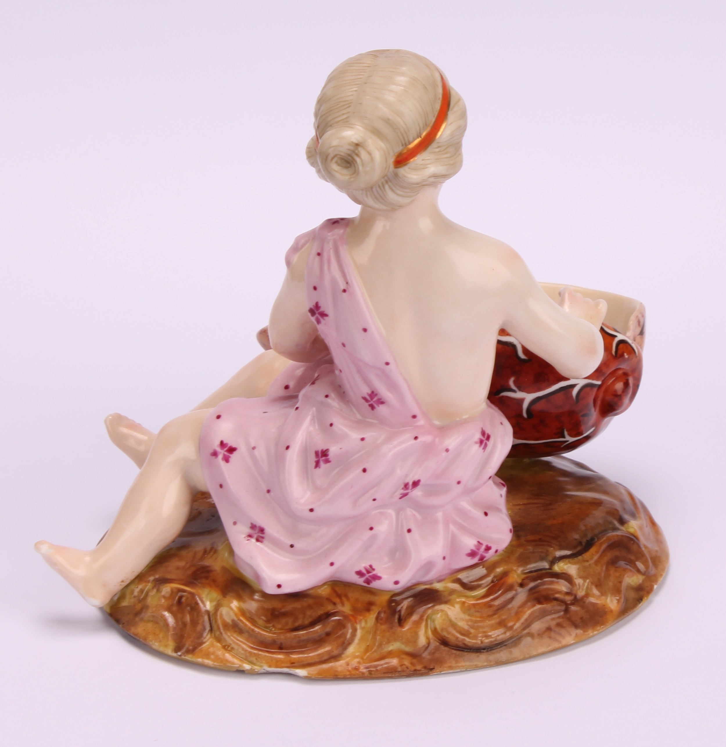 A pair of 19th century Sitzendorf figural table salts, of children holding seashells, decorated in - Image 9 of 10