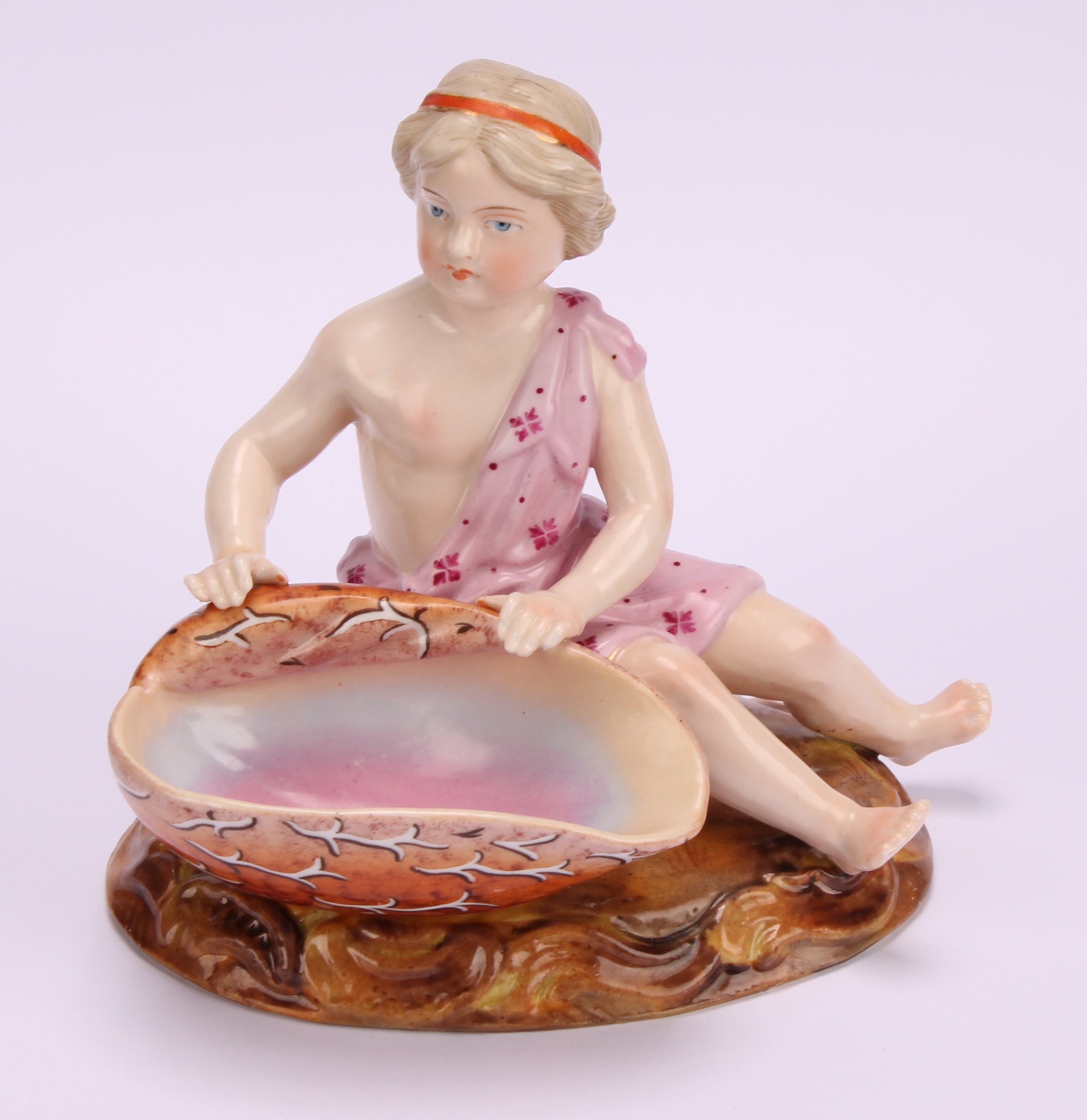 A pair of 19th century Sitzendorf figural table salts, of children holding seashells, decorated in - Image 7 of 10