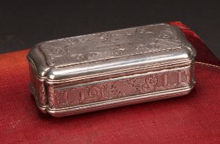 A large Victorian silver table snuff box, bright-cut engraved with leafy scrolls on an engine turned