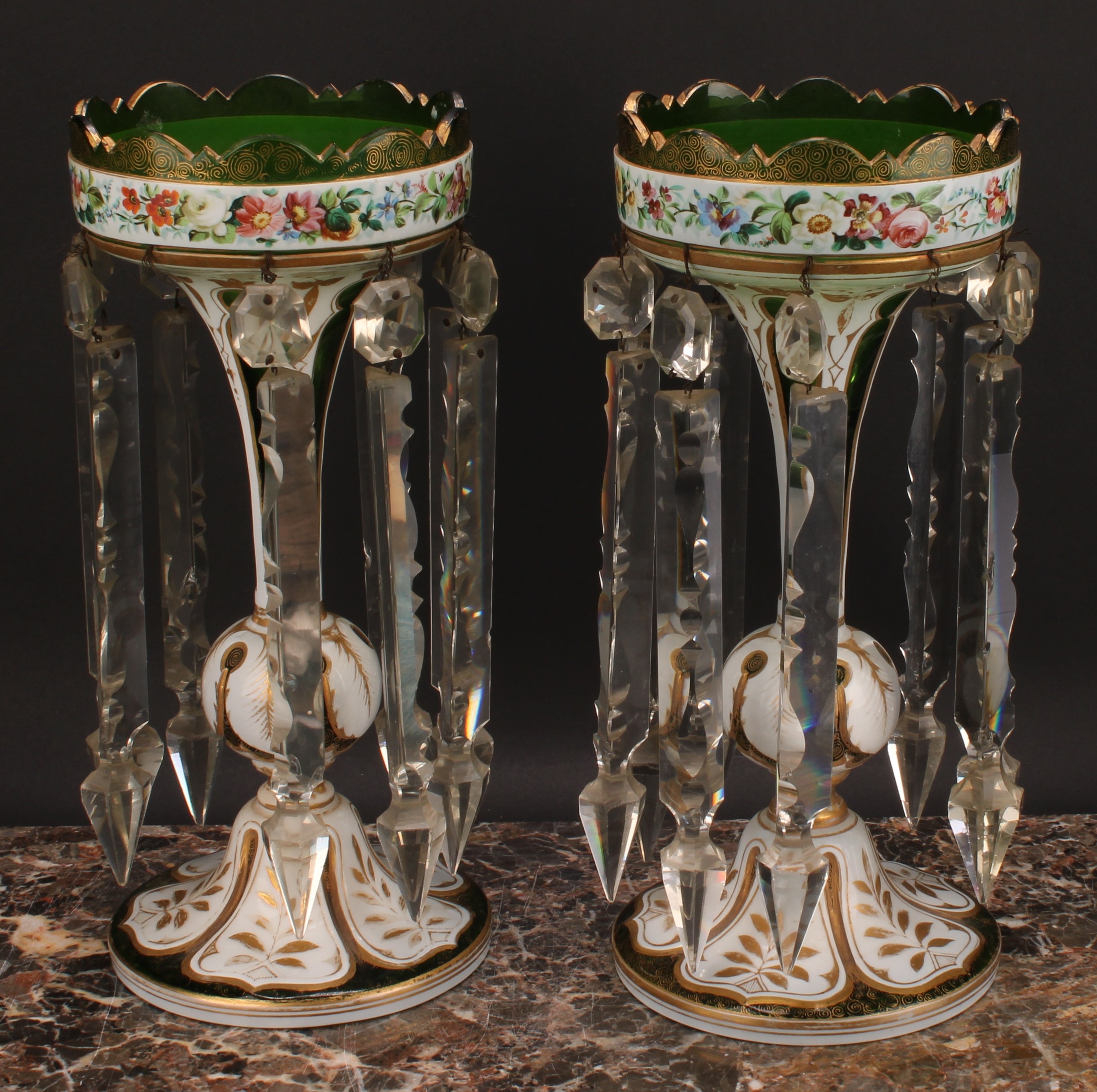 A pair of Bohemian overlaid glass mantel lustres, decorated in polychrome with flowers and picked - Image 3 of 3
