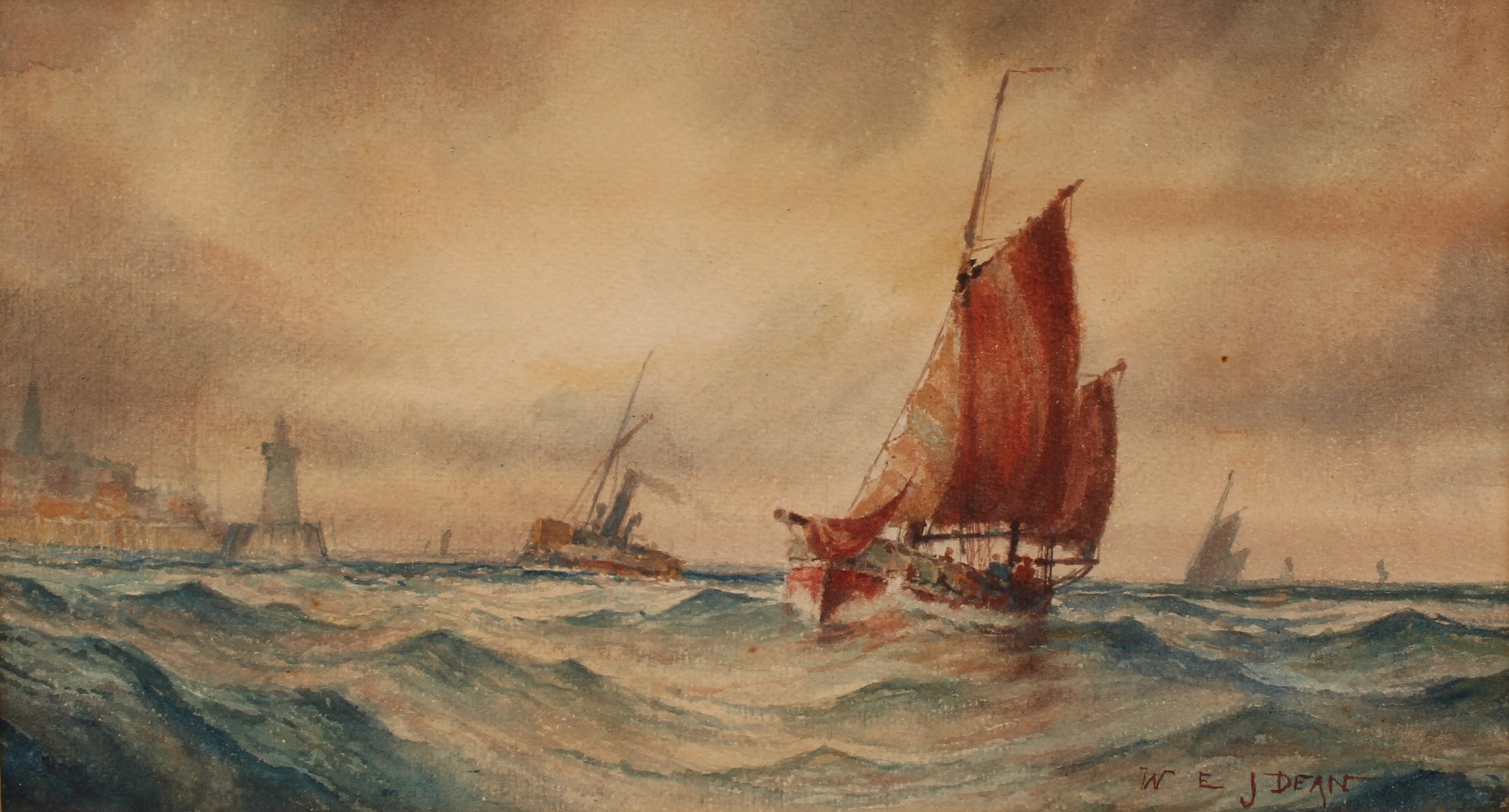 William Edward James Dean (1884-1956) Ships off the Coast, signed, watercolour, 17cm x 31cm - Image 2 of 5