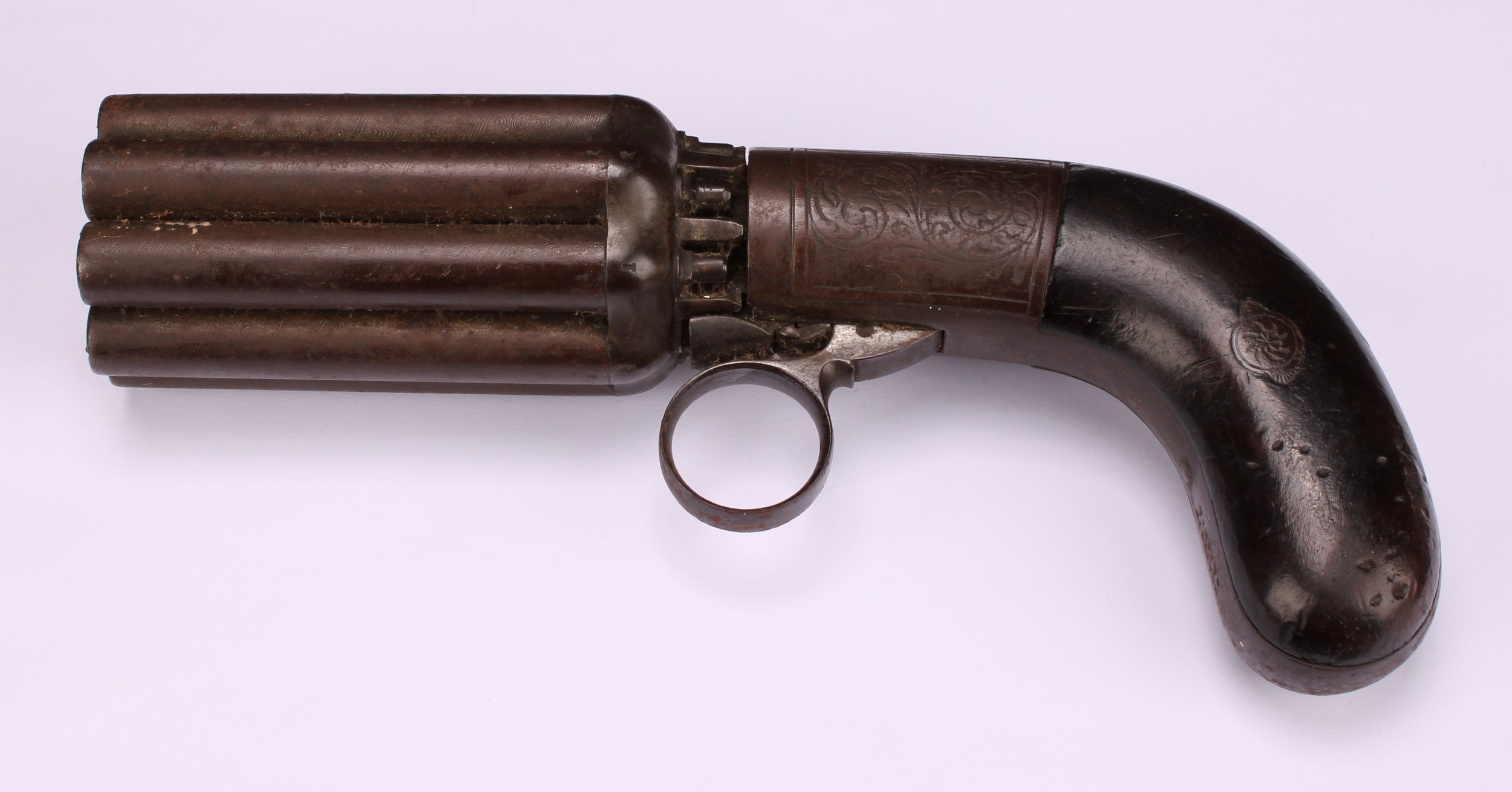 A 19th century eight-shot pepper-box revolver, 7.5cm barrel, engraved lock plate, two-piece grip, - Image 3 of 4