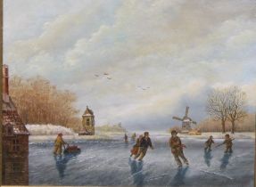 J Van Oustade (Dutch, 19th century) Skating on a Frozen River, signed, oil on canvas, 32cm x 42.5cm