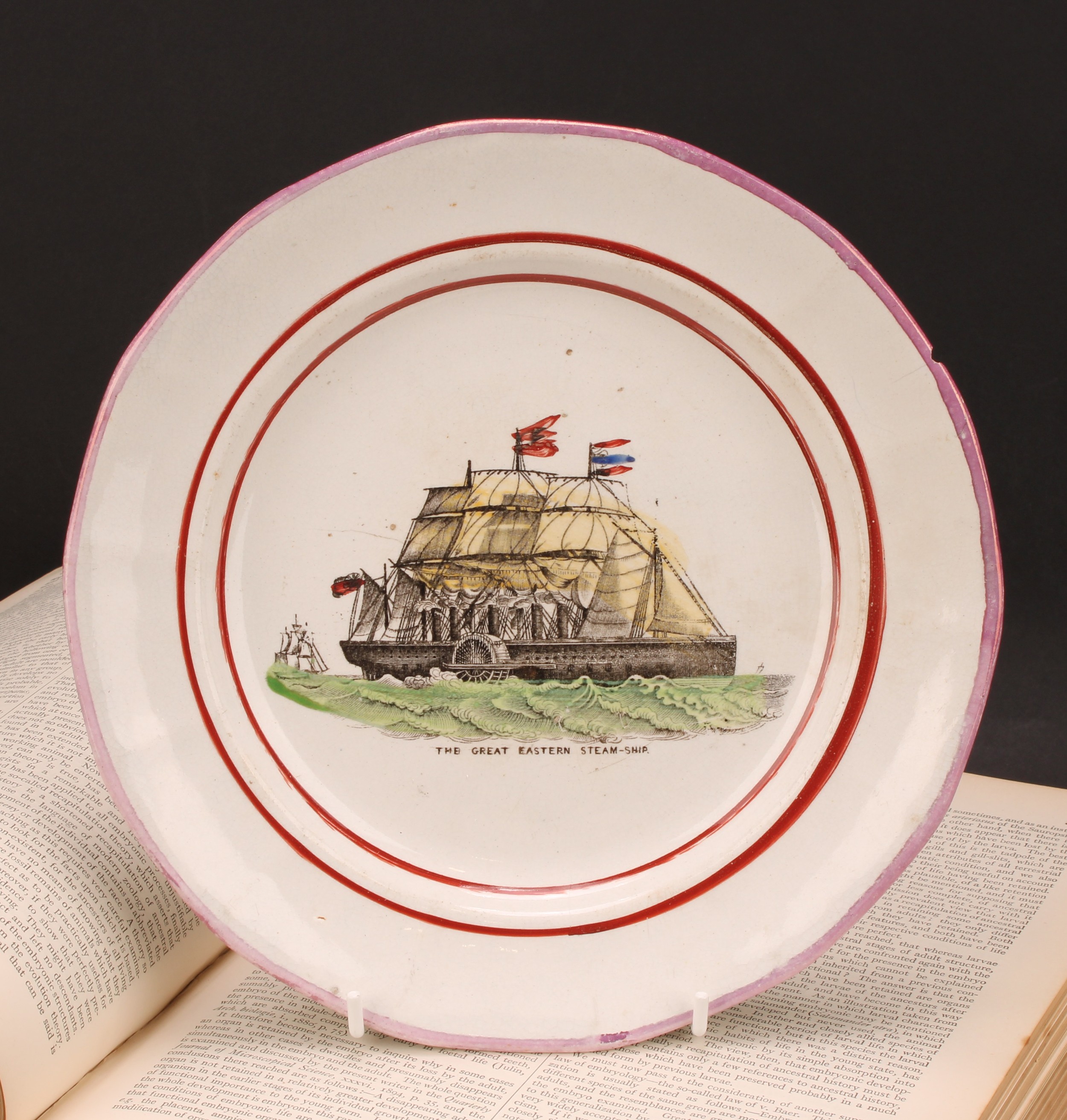 A Sunderland lustre prattware plate, The Great Eastern Steam-Ship, printed in sepia tones, picked
