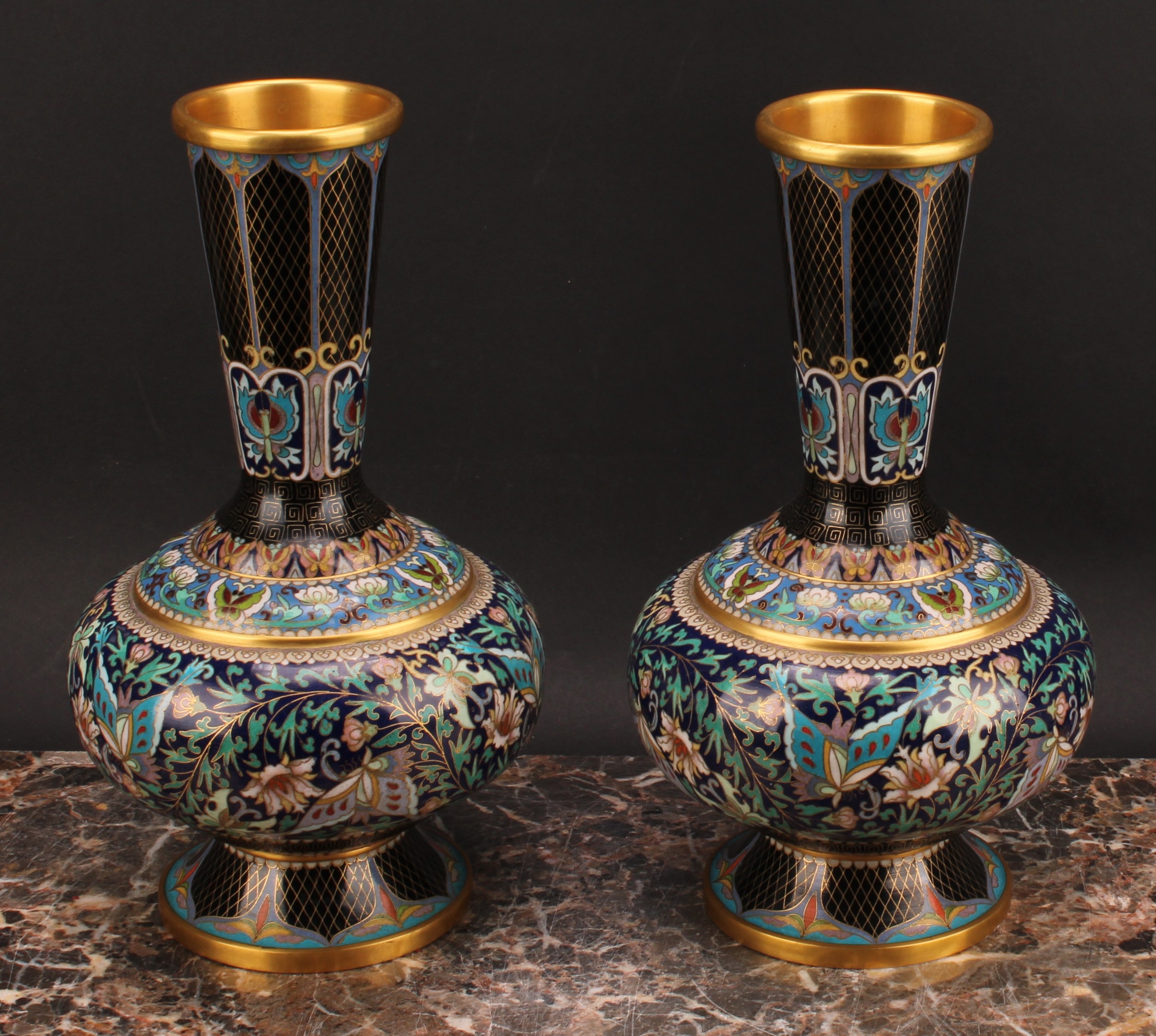 A pair of Chinese cloisonne enamel ovoid pedestal vases, brightly decorated in polychrome with - Image 2 of 6