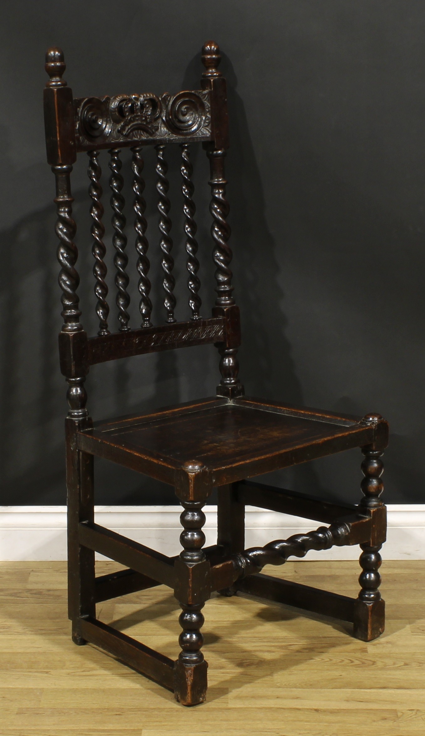 A Charles II oak side chair, curved cresting rail carved with a crown, above a row of spirally- - Image 2 of 4