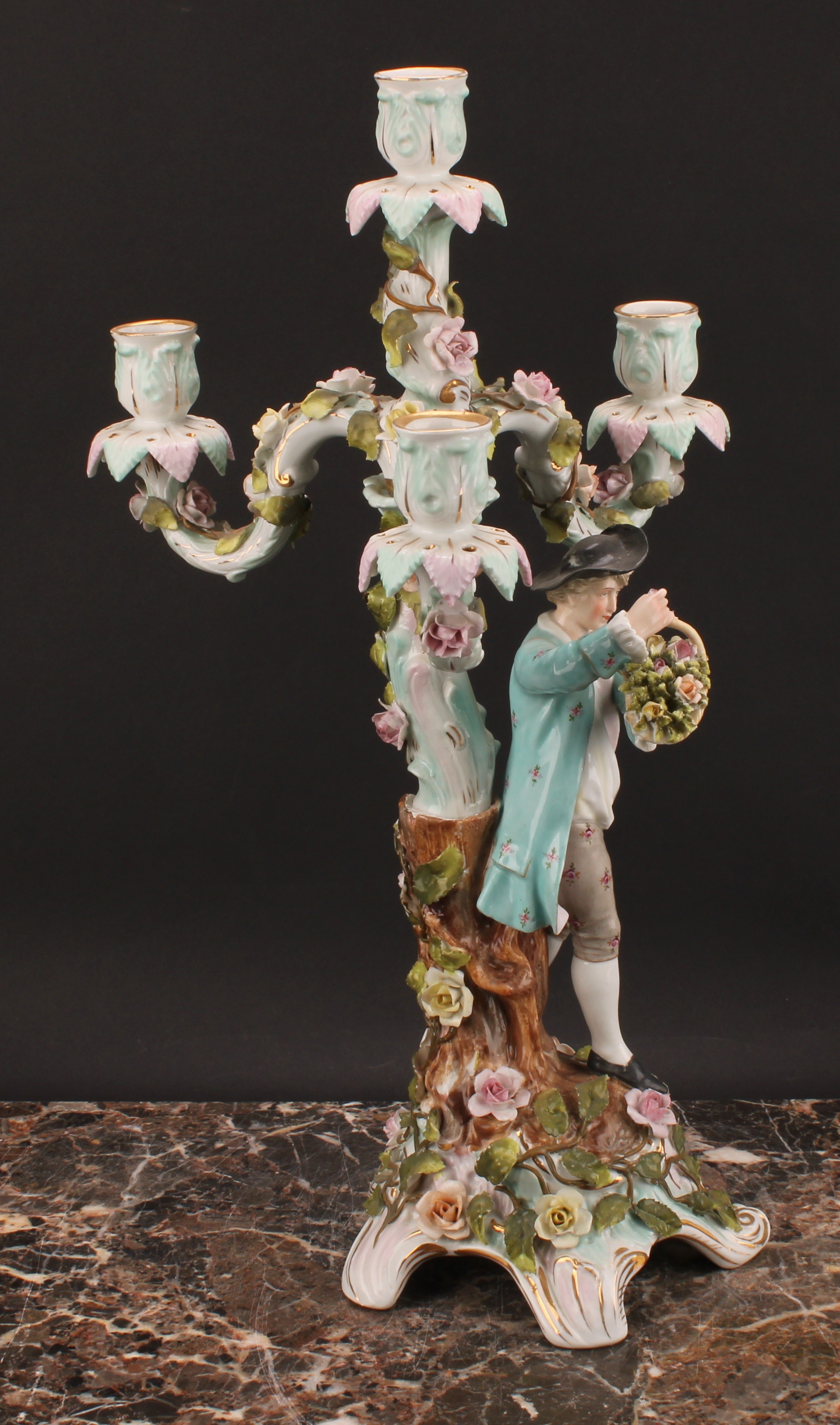 A pair of Sitzendorf figural four-light candelabra, modelled as a courting couple, each painted in - Image 8 of 10