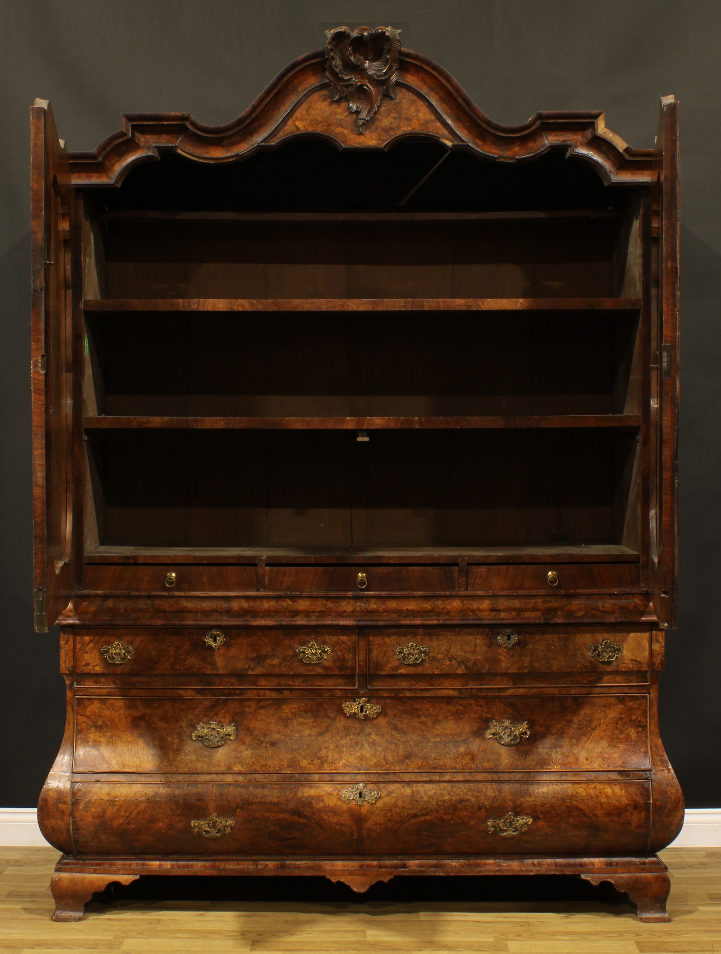 A large late 18th century Dutch burr walnut armoire or press cupboard, shaped chapeau de gendarme - Image 2 of 2