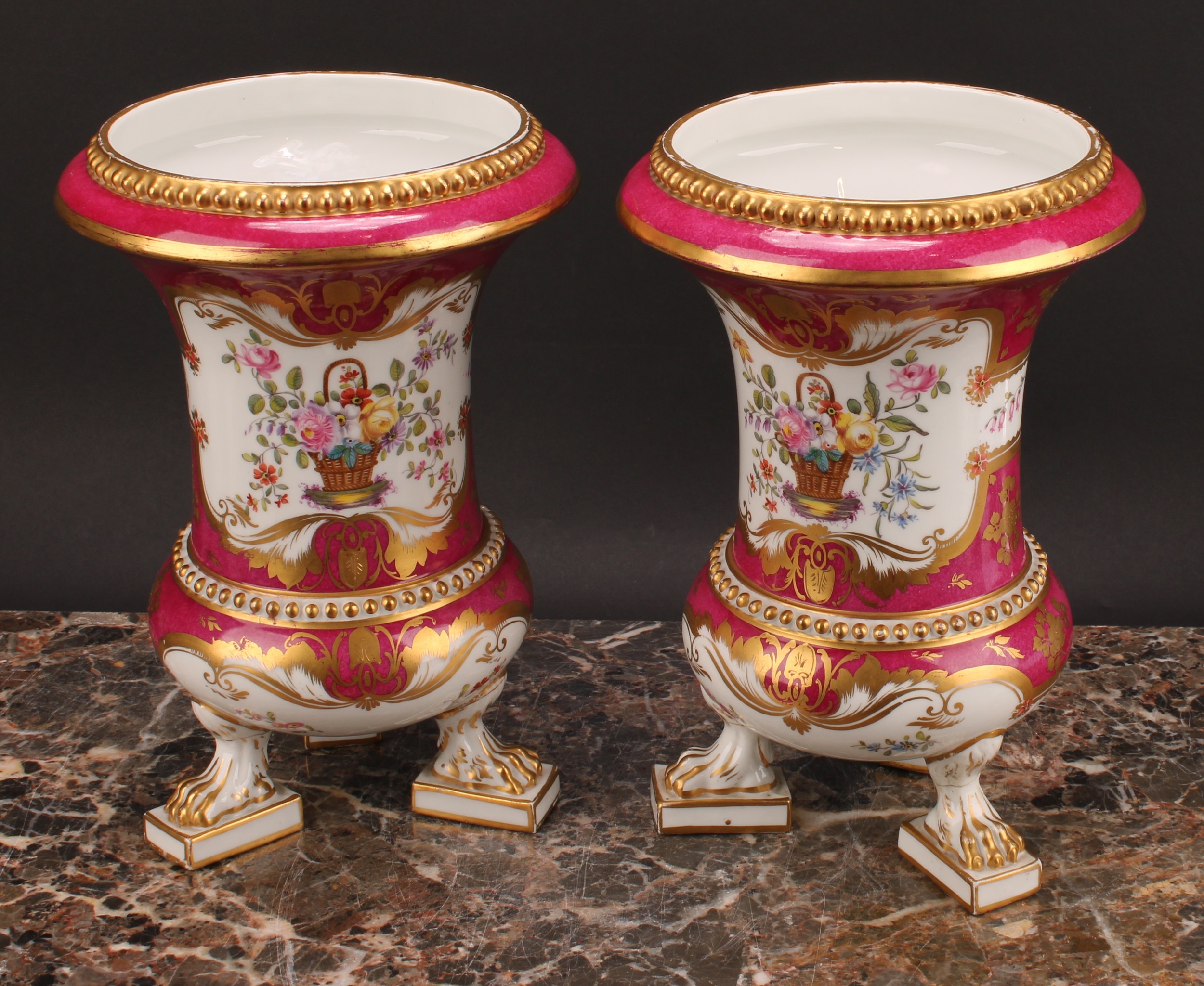 A pair of Rockingham campana shaped mantle vases, painted with baskets of summer flowers within gilt - Bild 2 aus 8