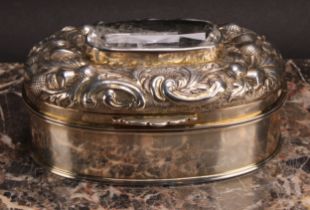 A large Scottish parcel-gilt silver oval table snuff box, possibly Provincial, hinged cover chased