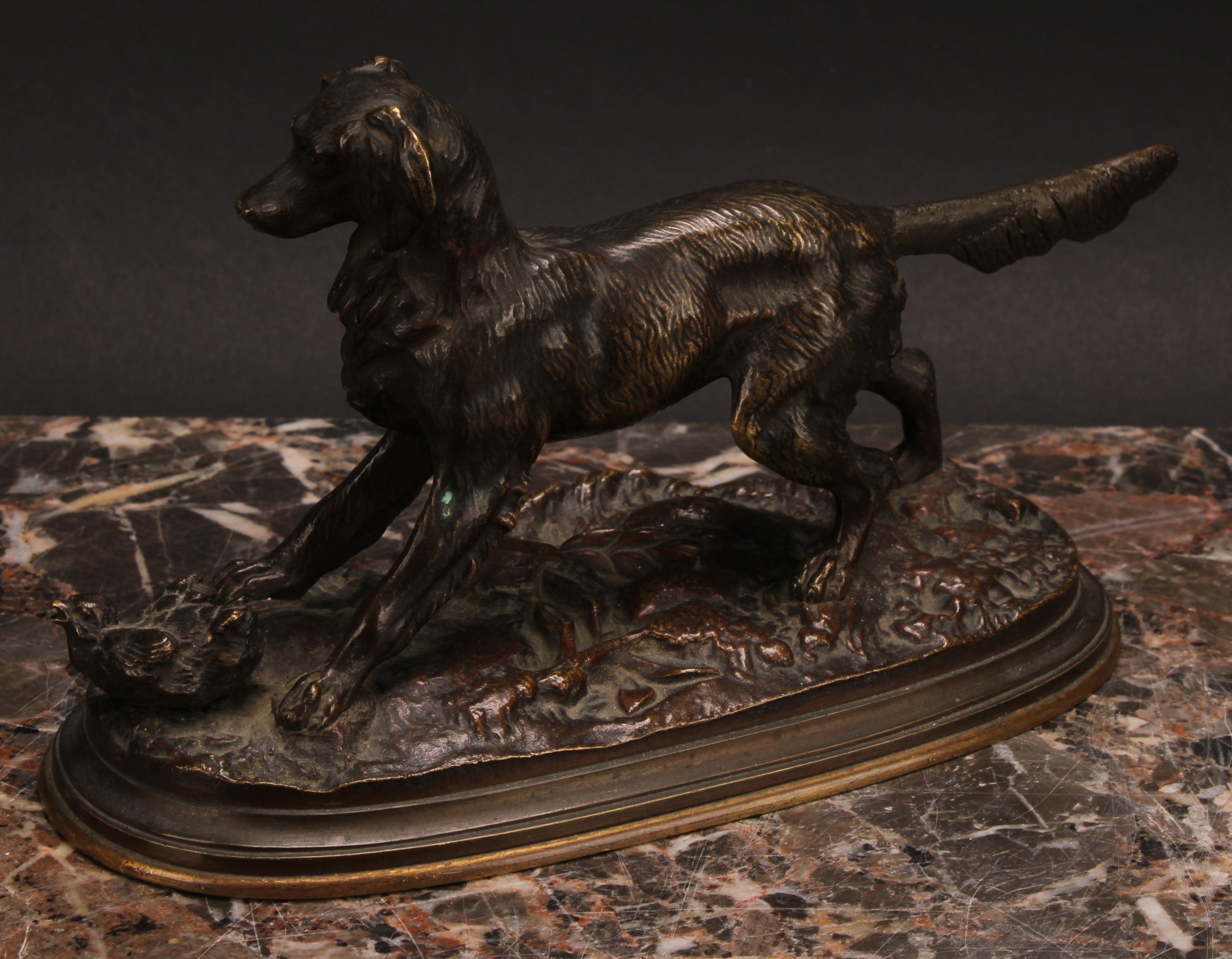 French School (19th century), a brown patinated bronze, of a retriever dog, oval base, 18cm long - Image 3 of 4