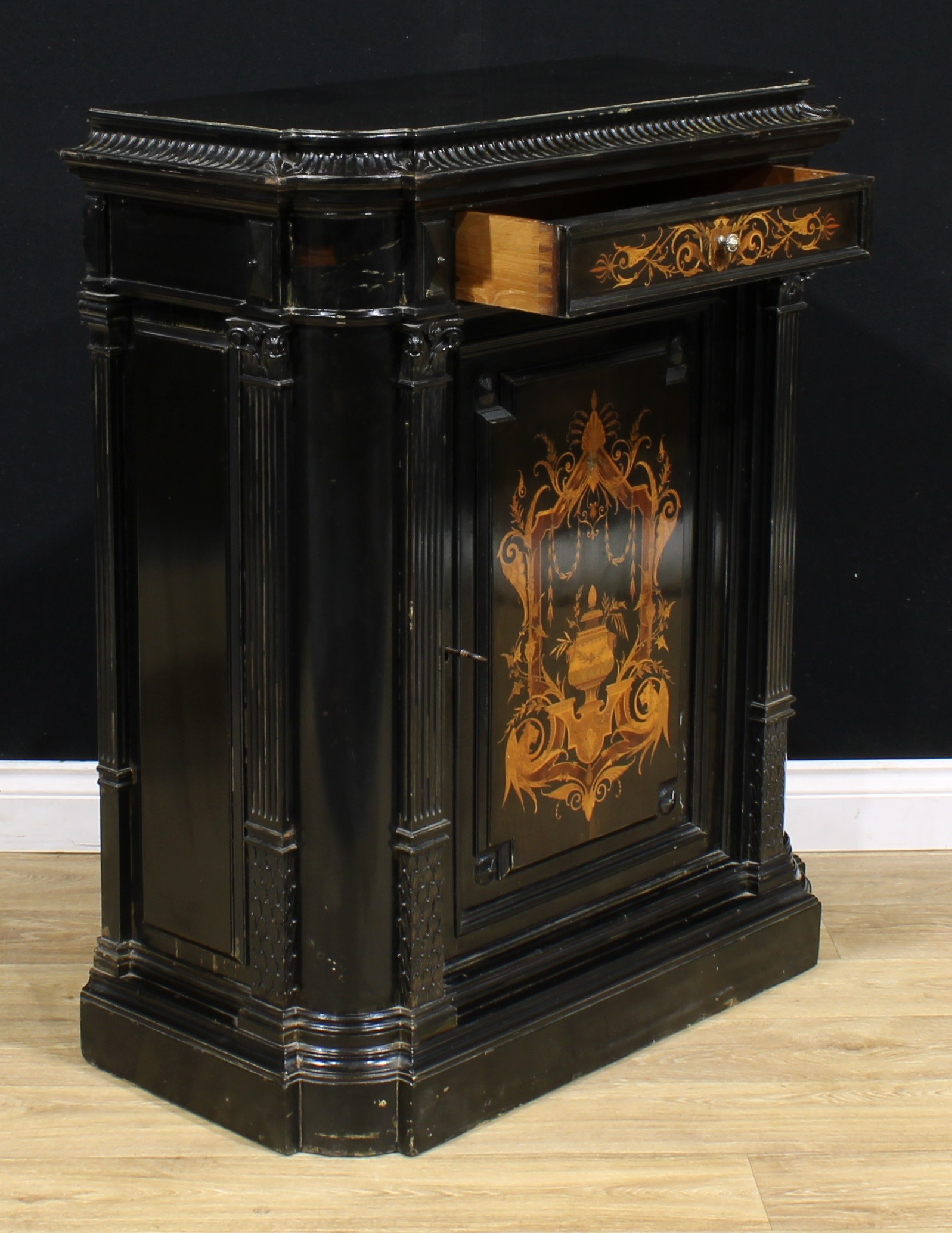 A pair of 19th century Continental ebonised and marquetry pier cabinets, each with a concave moulded - Image 10 of 12