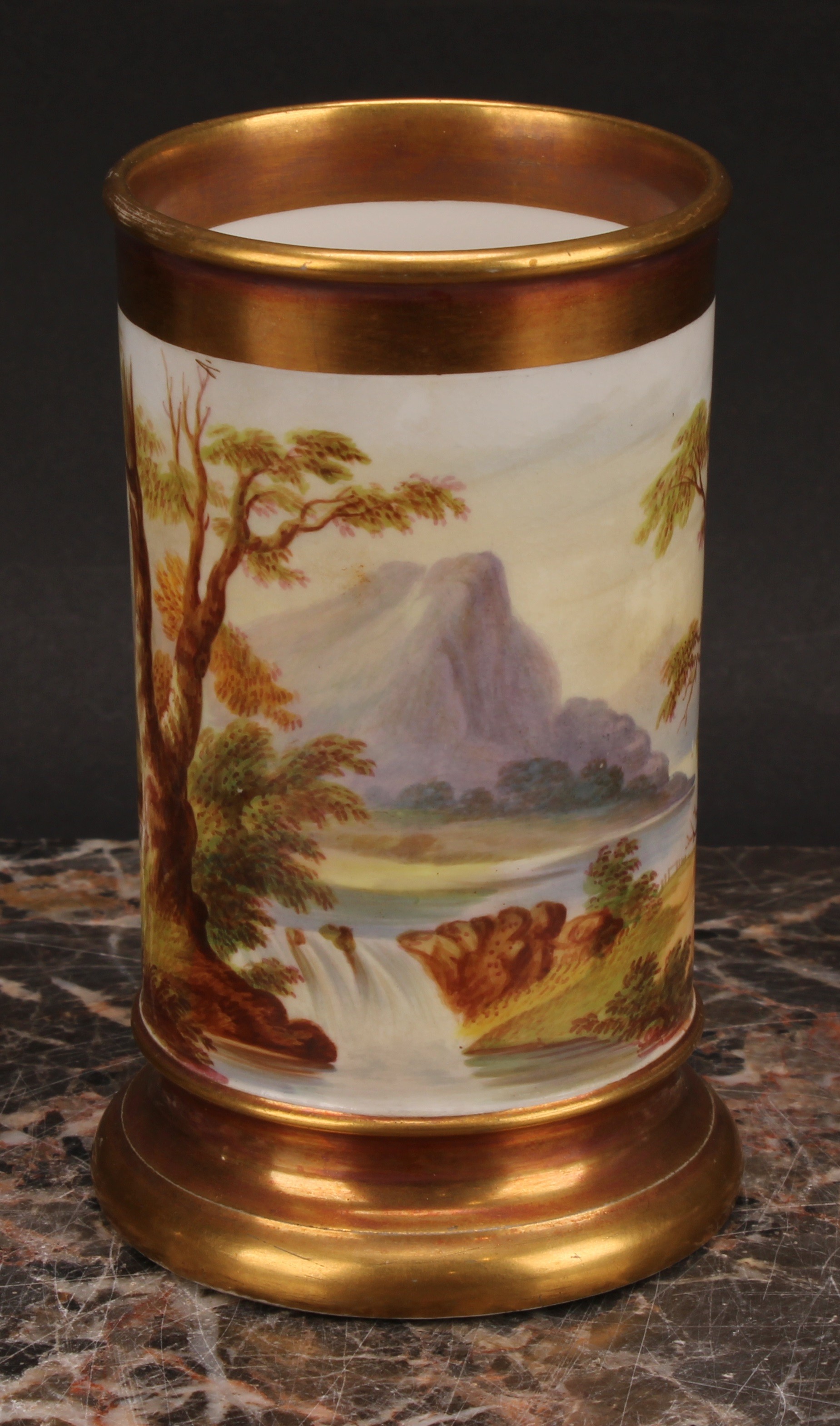 A pair of English porcelain cylindrical spill vases, each painted with a continuous lakeside - Image 10 of 12