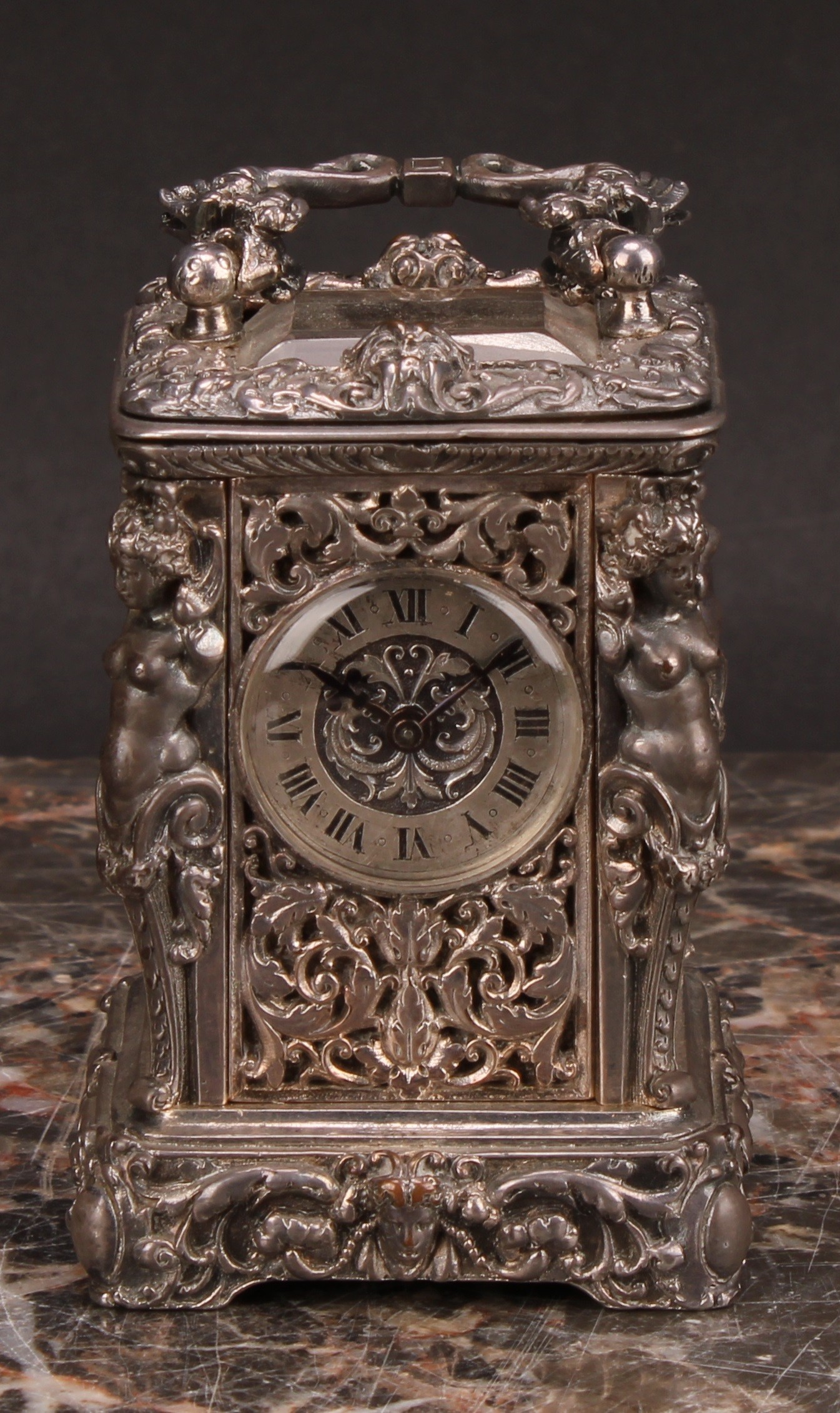 A 19th century French silver plated miniature carriage timepiece, 2.5cm clock dial inscribed with - Image 3 of 8