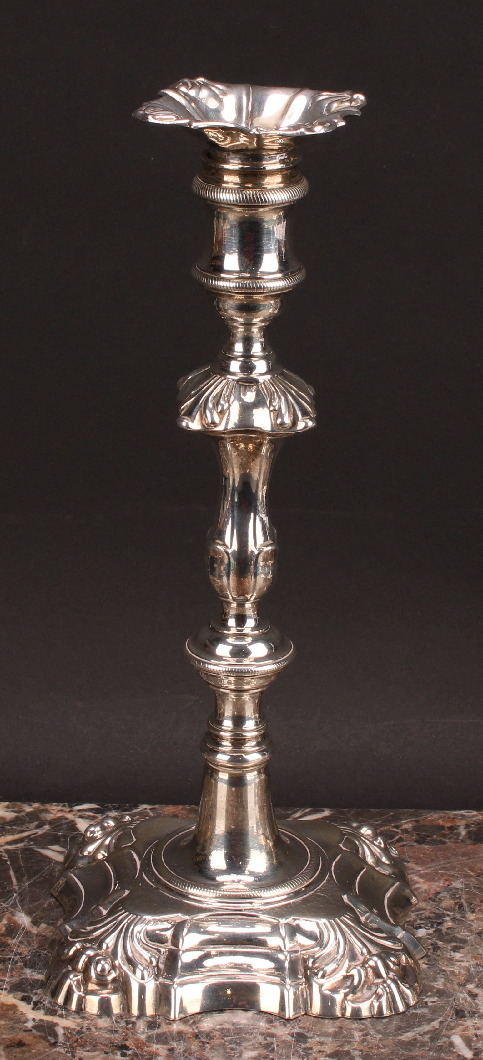 A composed set of four George II/early George III cast table candlesticks, detachable nozzles, - Image 12 of 14
