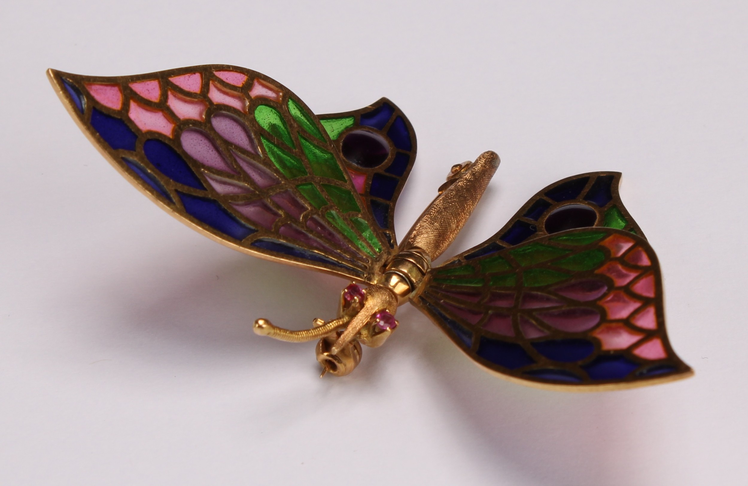An 18ct gold and pique a jour enamel insect brooch as a butterfly, The head set with two small round - Image 2 of 7