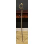 A 19th century French cavalry sword, 97.5cm curved fullered blade, brass hilt with armourer’s marks,