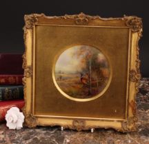 A Royal Worcester circular plaque, painted by Jas. Stinton, signed, with pheasants in rural