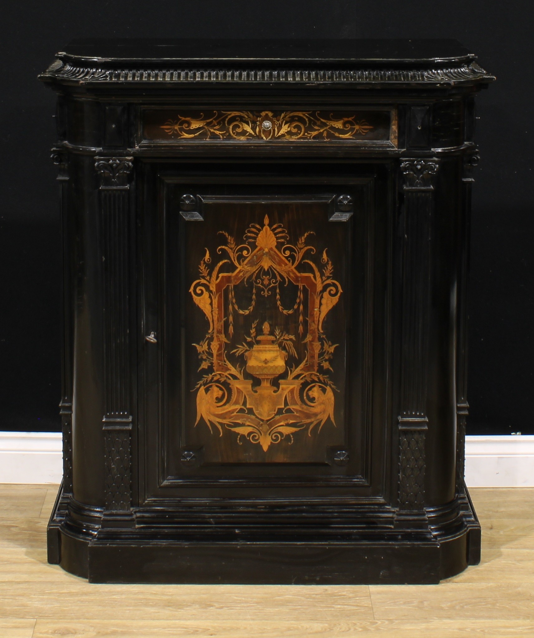 A pair of 19th century Continental ebonised and marquetry pier cabinets, each with a concave moulded - Image 3 of 12