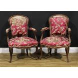 A pair of 19th century French Louis XV Revival beech fauteuil à la reine elbow chairs, 86cm high,